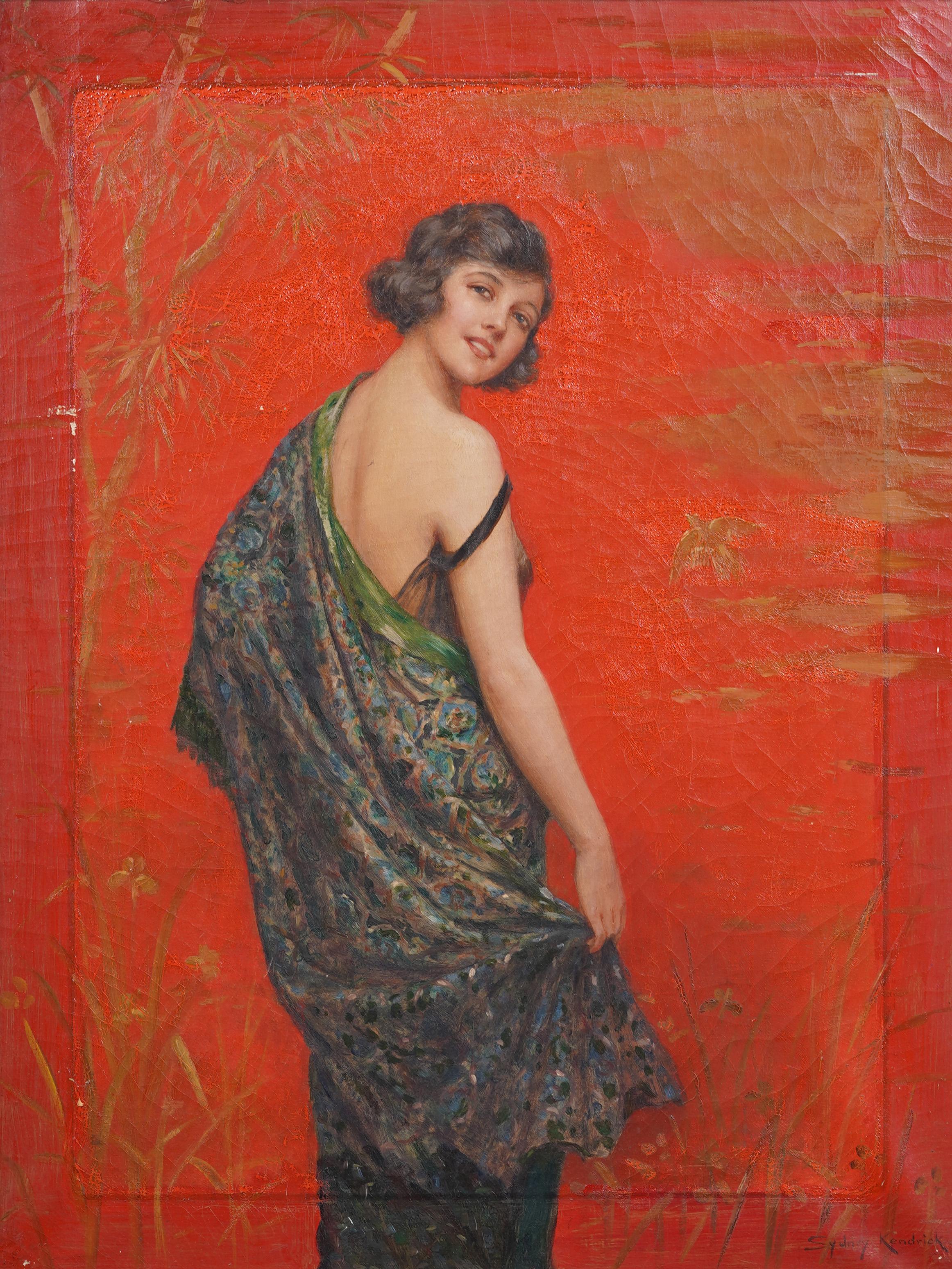 Splendido ritratto di giovane donna in stile Art Deco incorniciato e firmato, raro dipinto a olio originale - Painting Astratto di Unknown