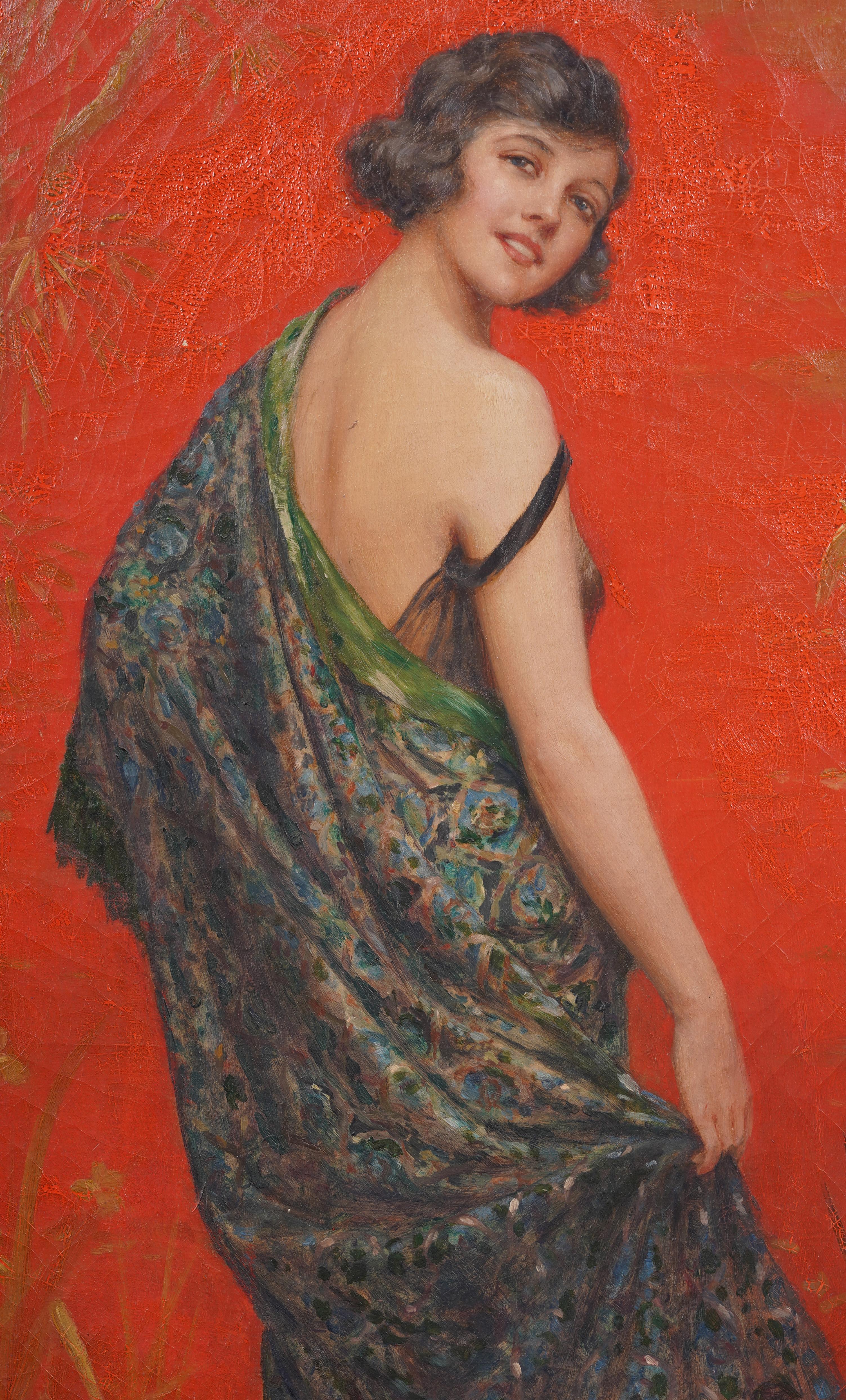 Splendido ritratto di giovane donna in stile Art Deco incorniciato e firmato, raro dipinto a olio originale in vendita 1