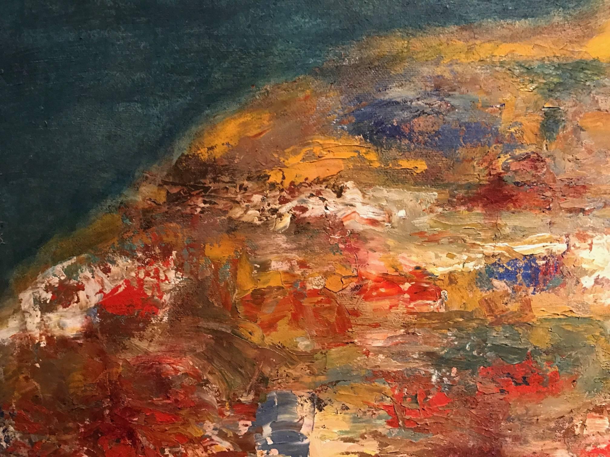 Atemberaubendes britisches abstraktes Ölgemälde des 20. Jahrhunderts – dickes Impasto in leuchtenden Farben (Braun), Abstract Painting, von Unknown