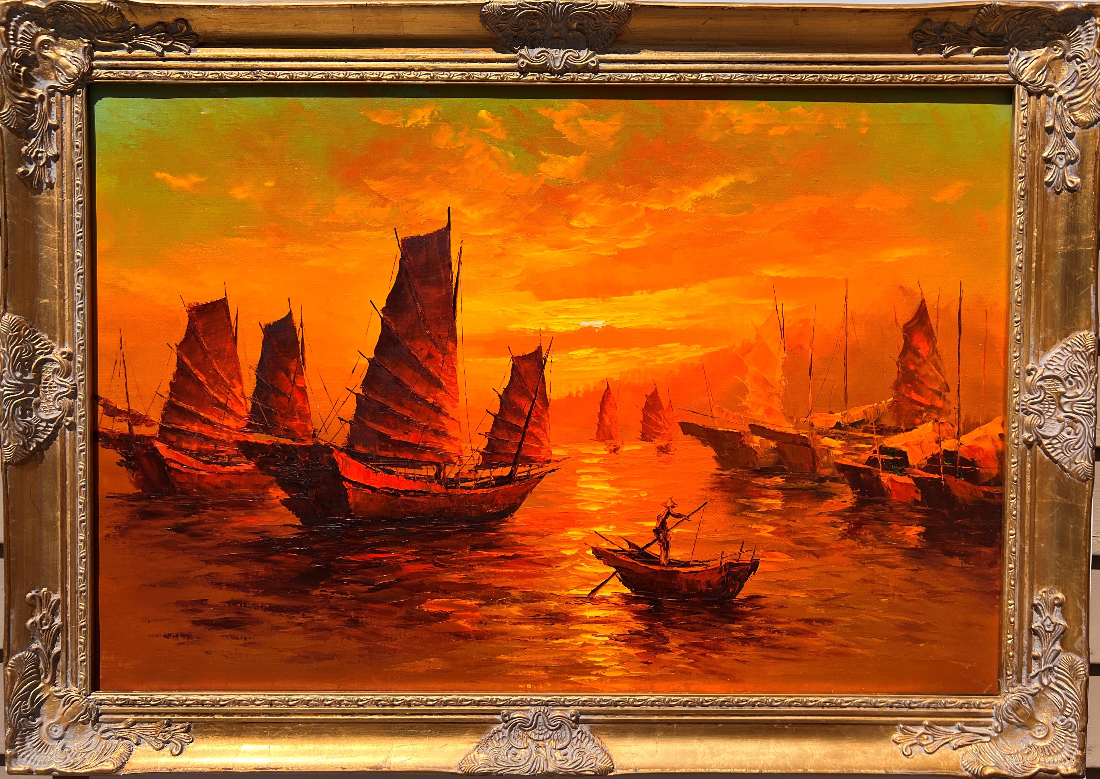 Unknown Landscape Painting - Stunning Large Oil painting on Canvas, Seascape, Sailing Ships at Sunset, Framed