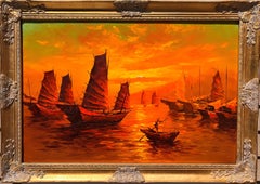 Atemberaubendes großes Ölgemälde auf Leinwand, Meereslandschaft, Segelschiffe bei Sonnenuntergang, gerahmt