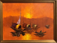 Vintage Stunning Oil painting on Canvas, Seascape, Boats at Sunset, Signed