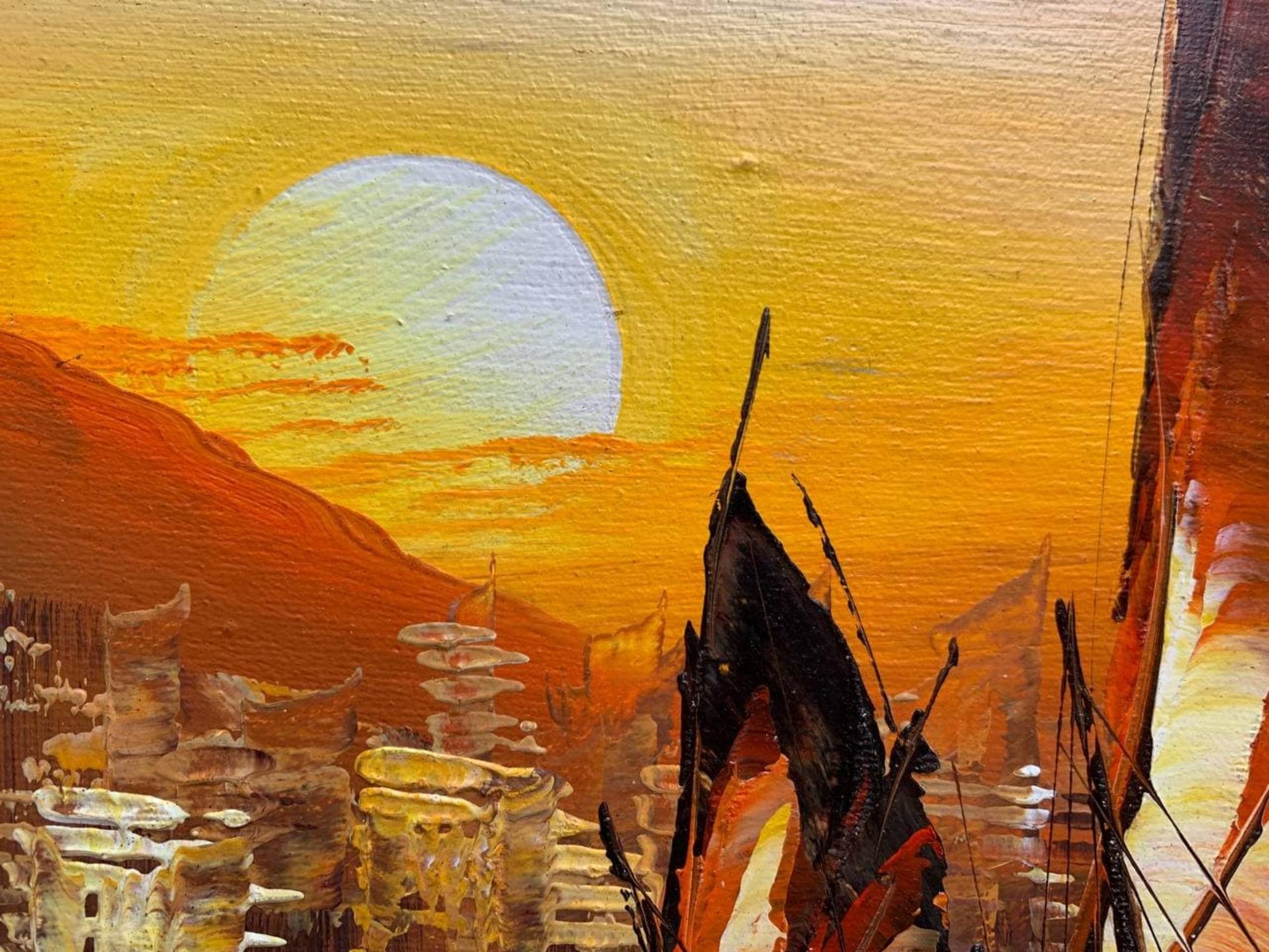 Impresionante cuadro al óleo sobre lienzo, Paisaje marino, Barcos de vela al atardecer, Enmarcado en venta 5