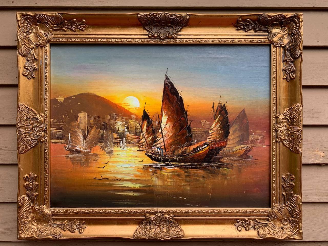 Impresionante cuadro al óleo sobre lienzo, Paisaje marino, Barcos de vela al atardecer, Enmarcado - Painting de Unknown