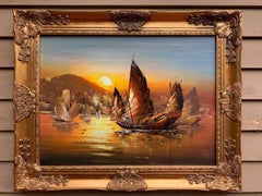 Stunning Oil painting on Canvas, Seascape, Sailing Ships at Sunset, Framed