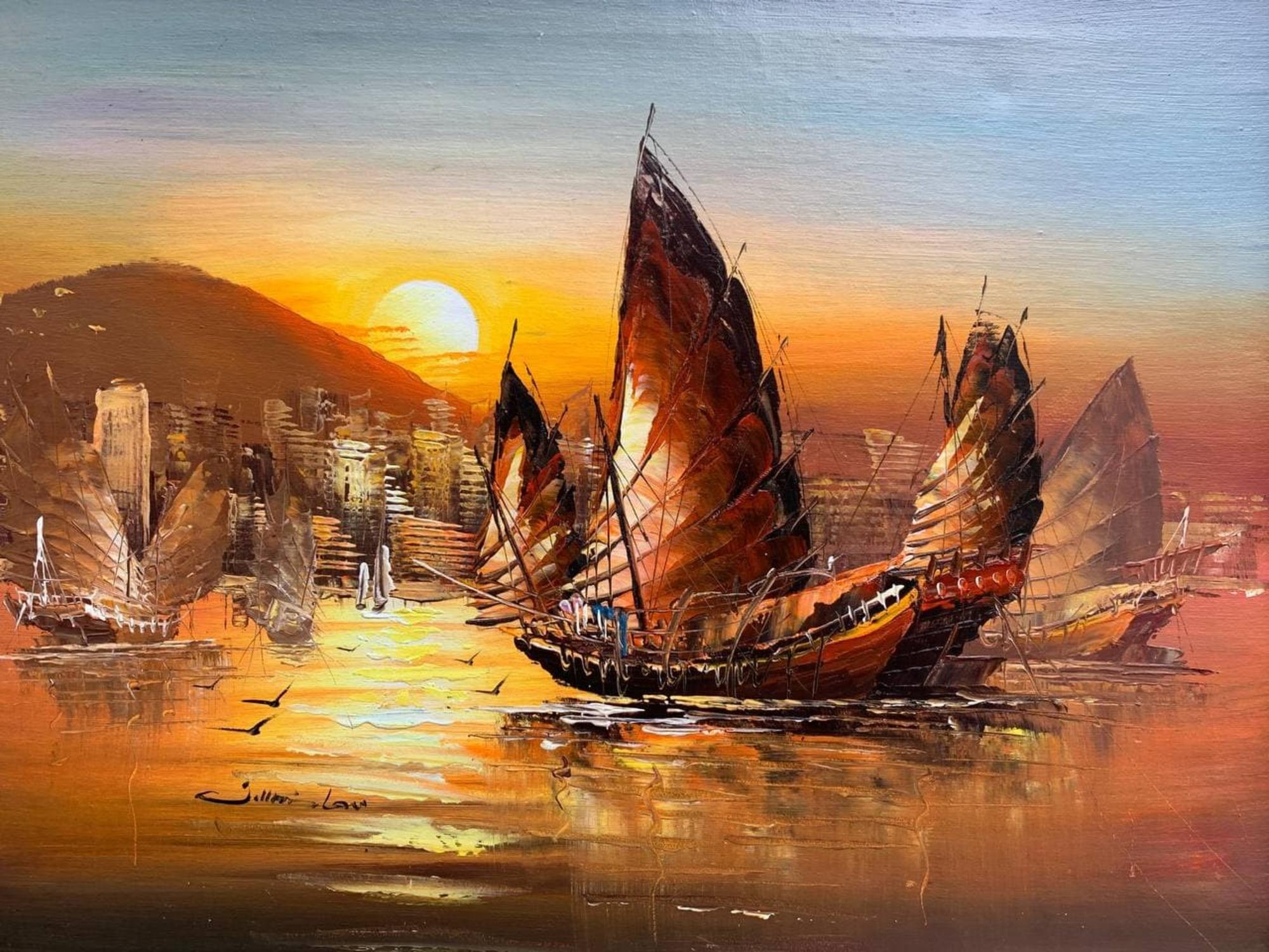 Impresionante cuadro al óleo sobre lienzo, Paisaje marino, Barcos de vela al atardecer, Enmarcado - Painting Impresionista de Unknown