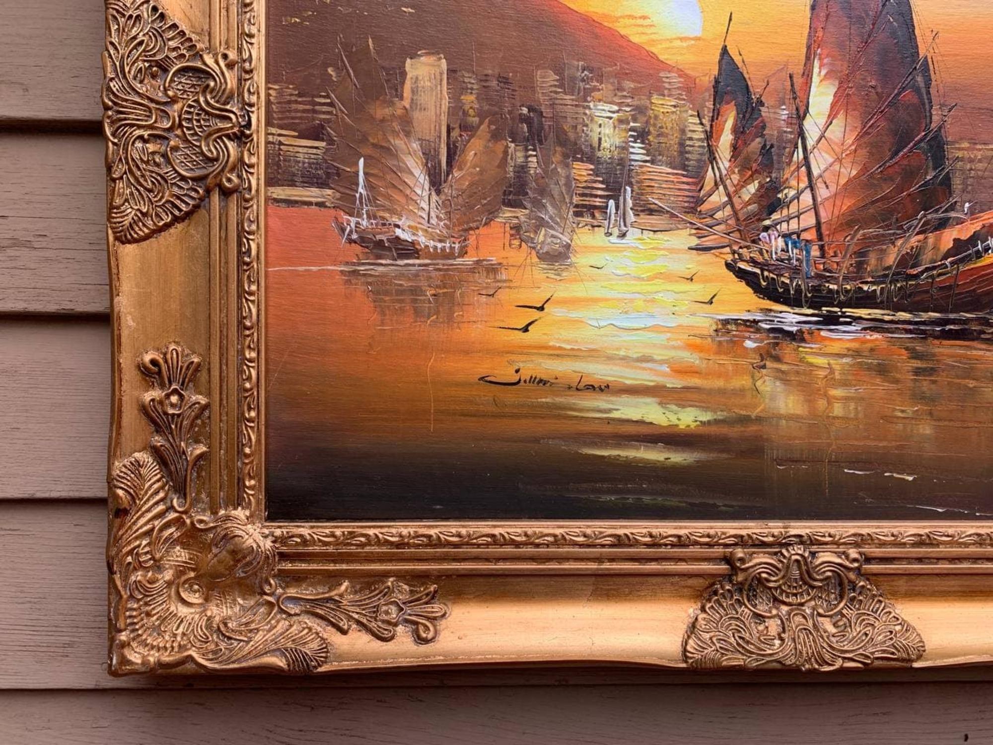 Impresionante cuadro al óleo sobre lienzo, Paisaje marino, Barcos de vela al atardecer, Enmarcado - Landscape Painting Marrón de Unknown