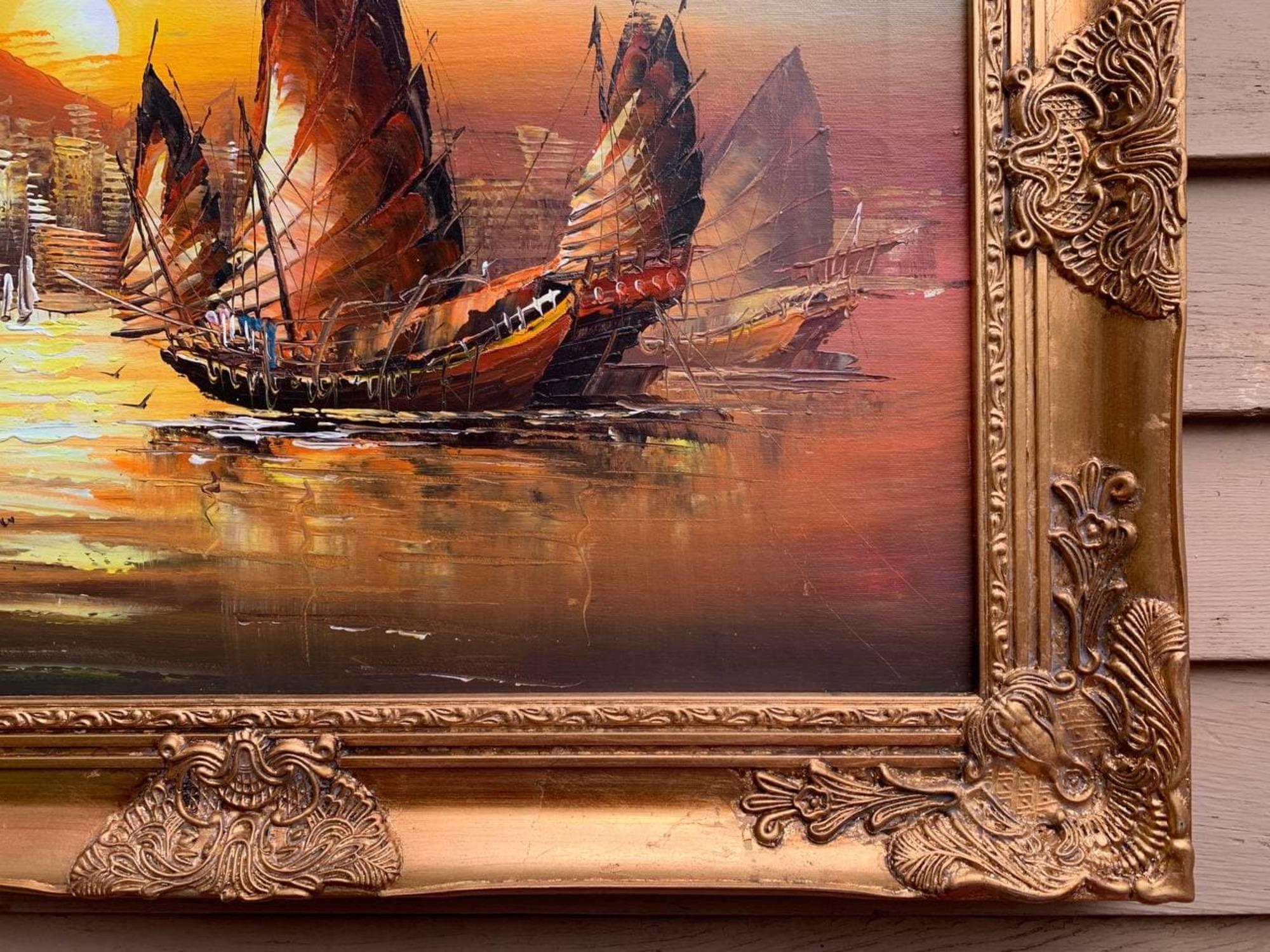Impresionante cuadro al óleo sobre lienzo, Paisaje marino, Barcos de vela al atardecer, Enmarcado en venta 2