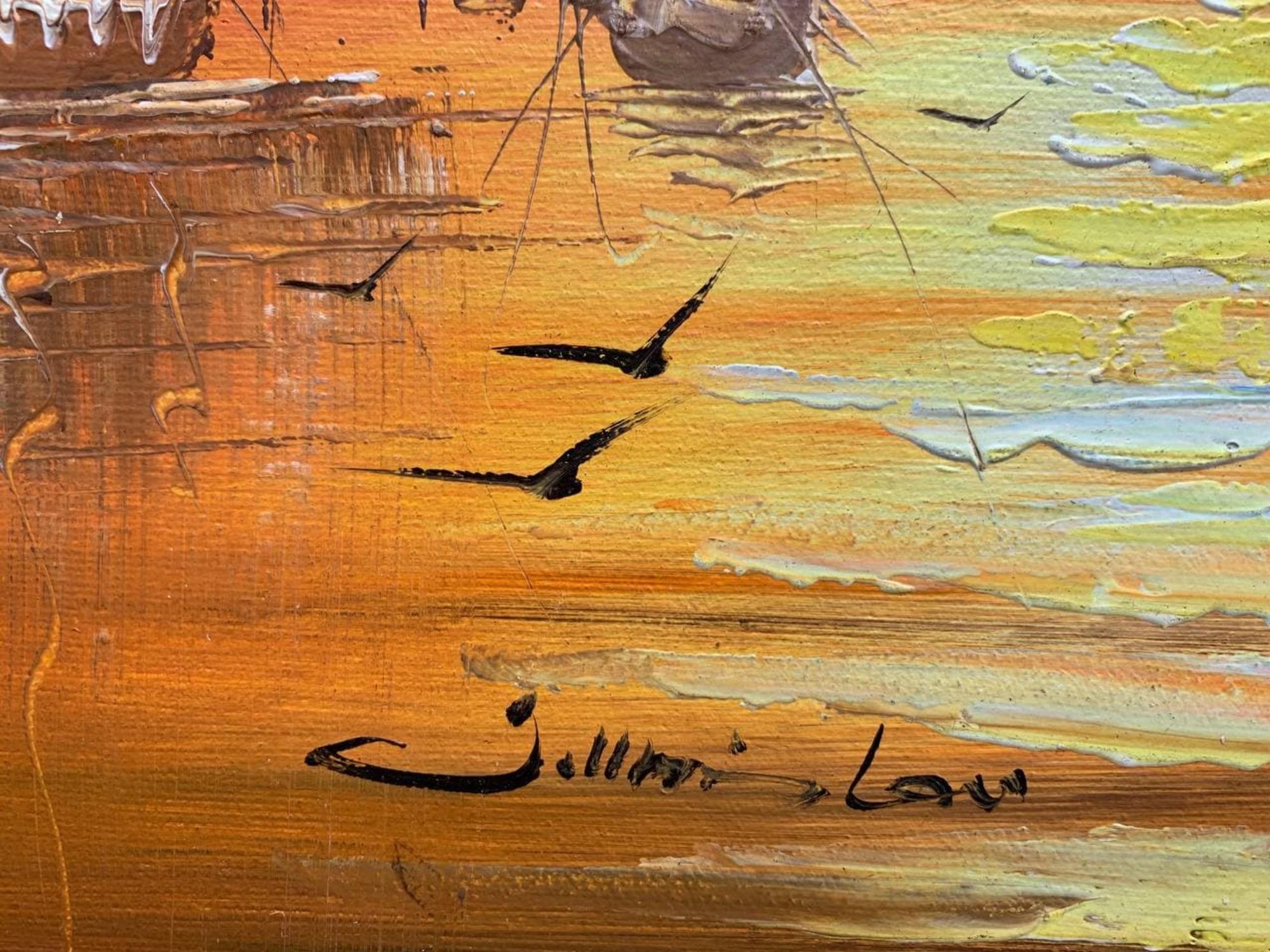 Impresionante cuadro al óleo sobre lienzo, Paisaje marino, Barcos de vela al atardecer, Enmarcado en venta 3