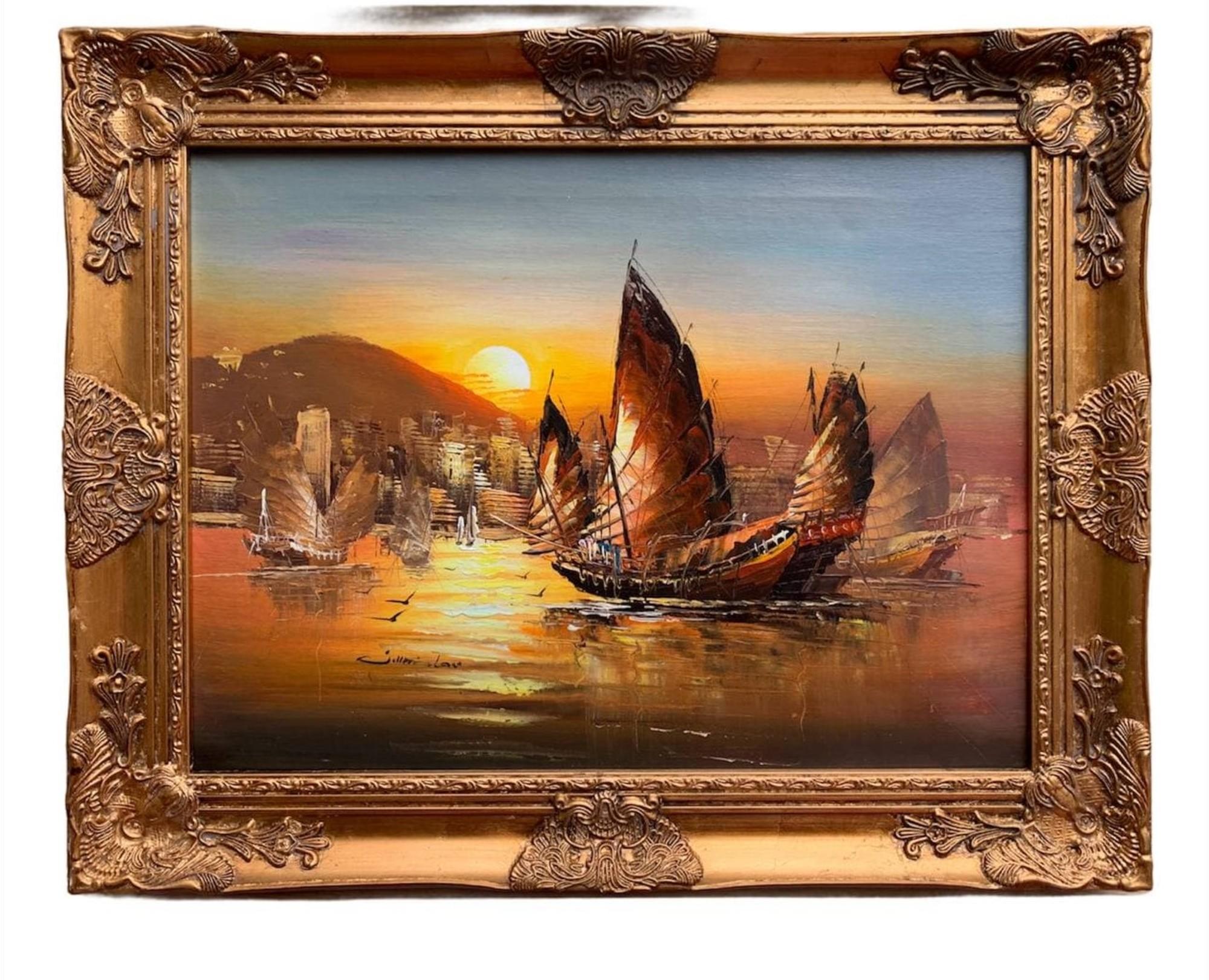 Landscape Painting de Unknown - Impresionante cuadro al óleo sobre lienzo, Paisaje marino, Barcos de vela al atardecer, Enmarcado