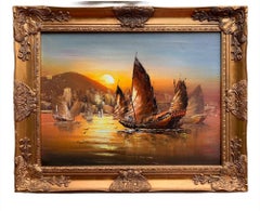 Vintage Stunning Oil painting on Canvas, Seascape, Sailing Ships at Sunset, Framed