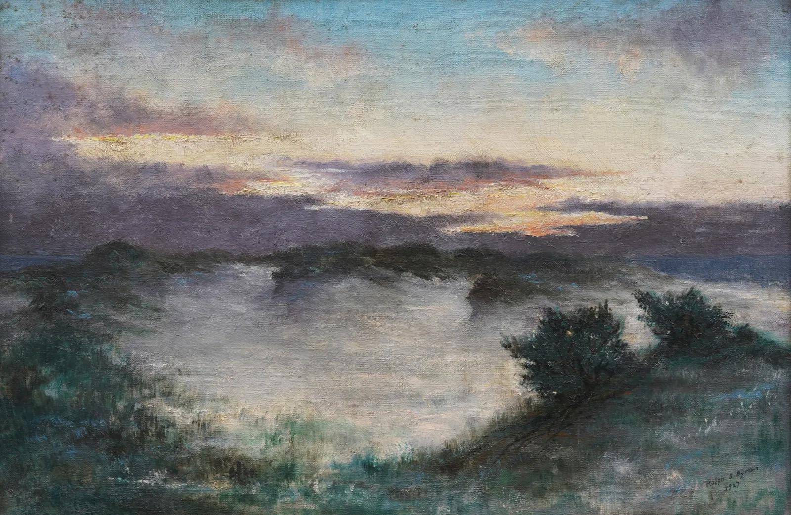 Stupenda scena di spiaggia al tramonto, paesaggio marino con dune, firmata e incorniciata. - Painting Impressionismo di Unknown