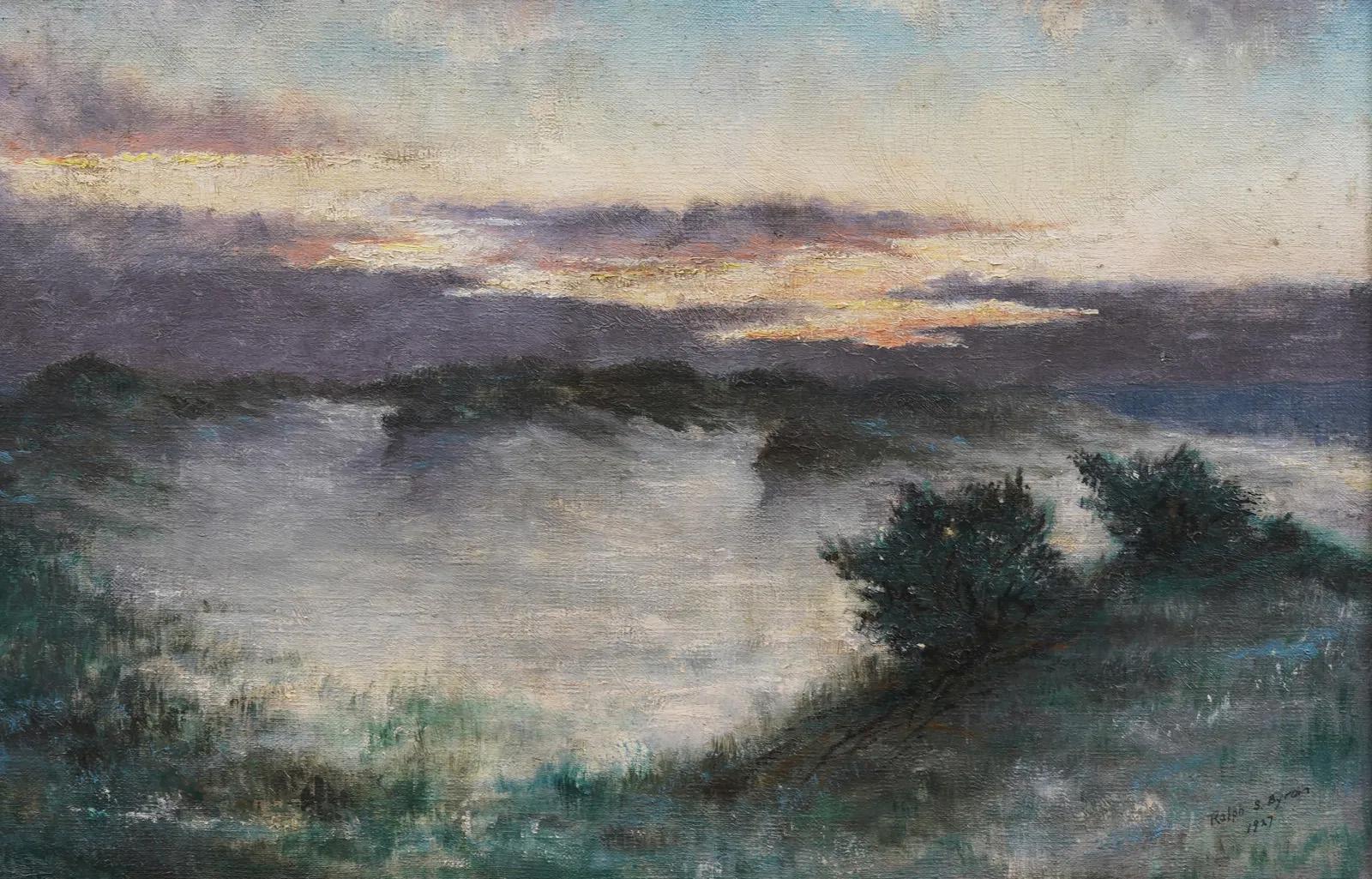 Stupenda scena di spiaggia al tramonto, paesaggio marino con dune, firmata e incorniciata. - Landscape Painting Nero di Unknown