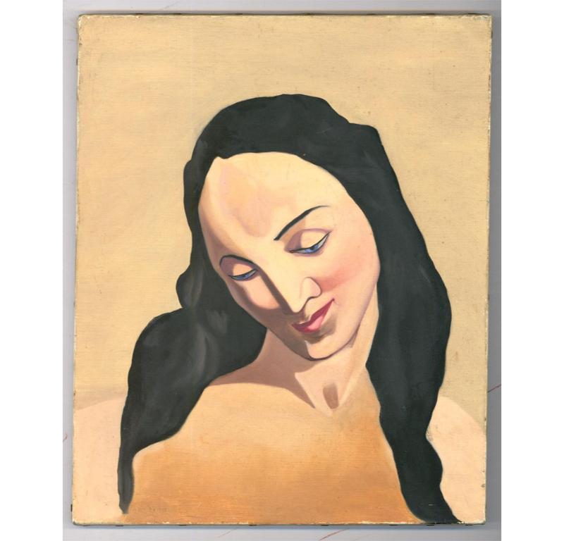 A stylish portrait completed in the style of Tamara de Lempicka. The subject of the portrait is a striking young woman with long black hair and piercing blue eyes. Unsigned. On canvas on stretchers.