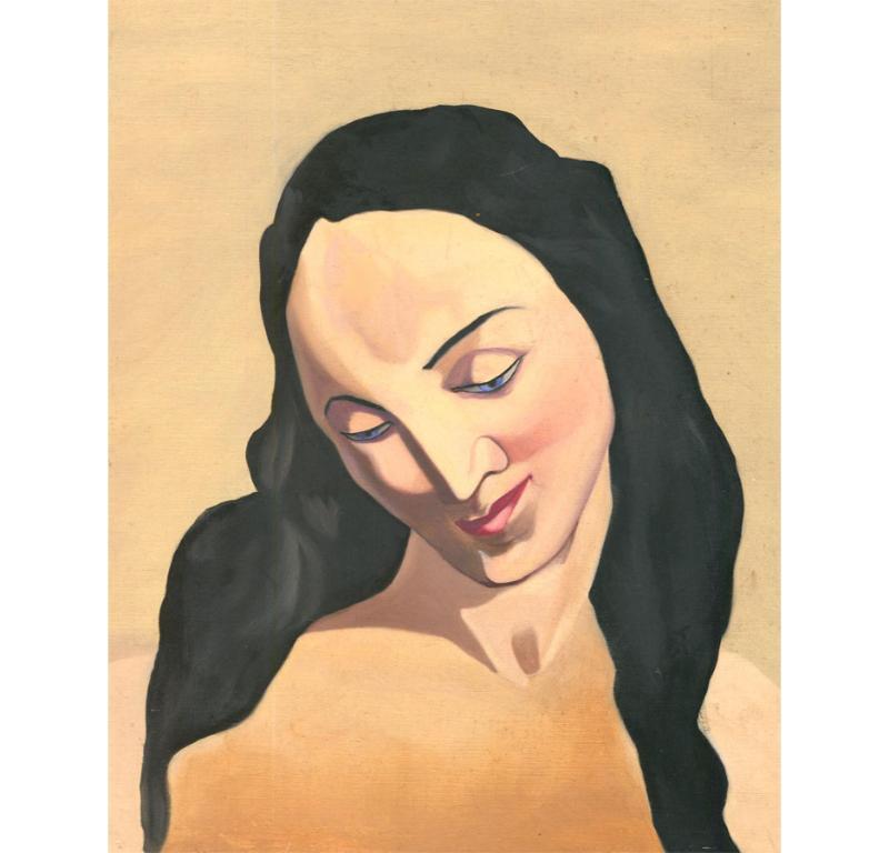 Unknown Portrait Painting - Style of Tamara de Lempicka (1898-1980) - Mid 20th Century Oil, Gazing Woman
