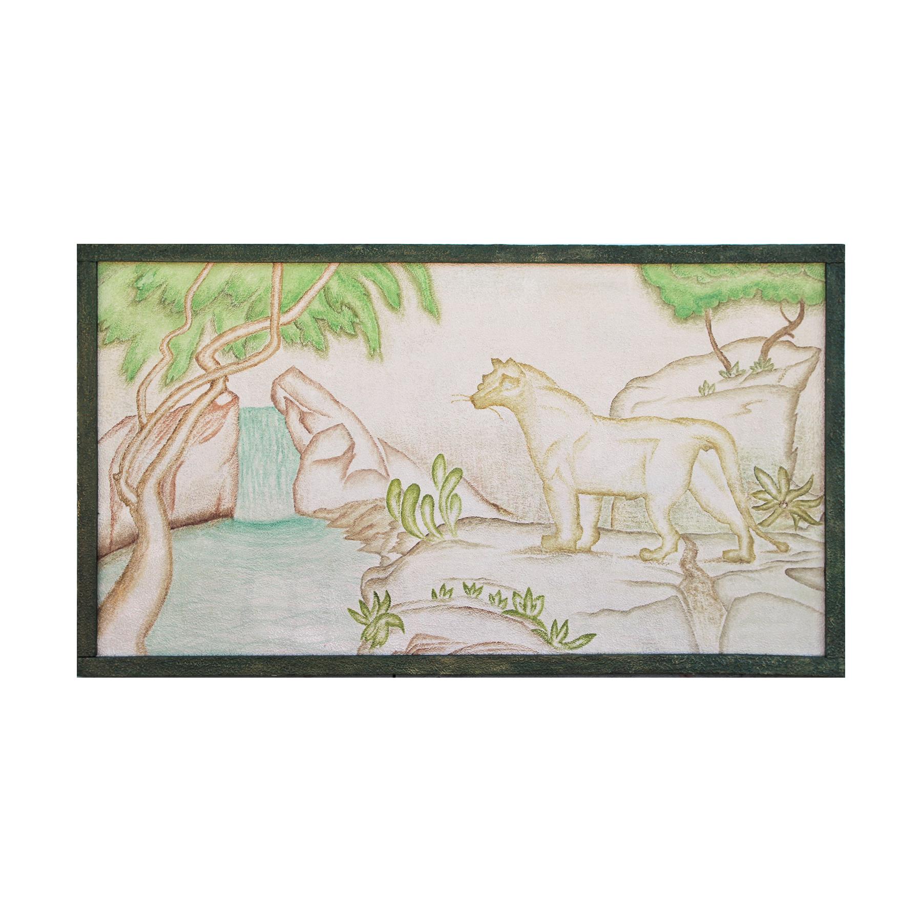 Unknown Landscape Painting - Stylized Impasto Deco Jungle Painting of Leopard & Waterfall in Green Frame