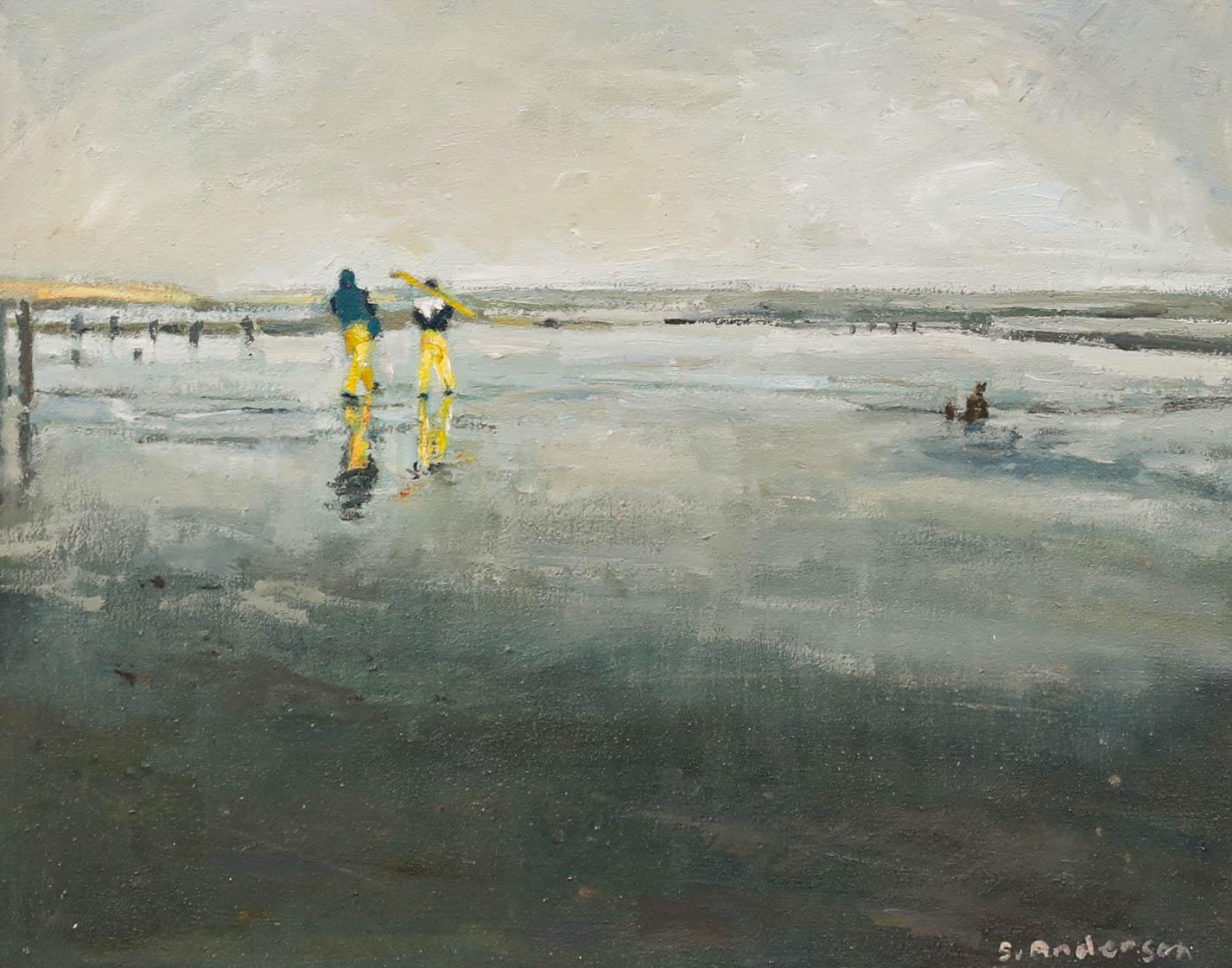 Sue Anderson - Framed Contemporary Oil, Shrimpers - Painting by Unknown