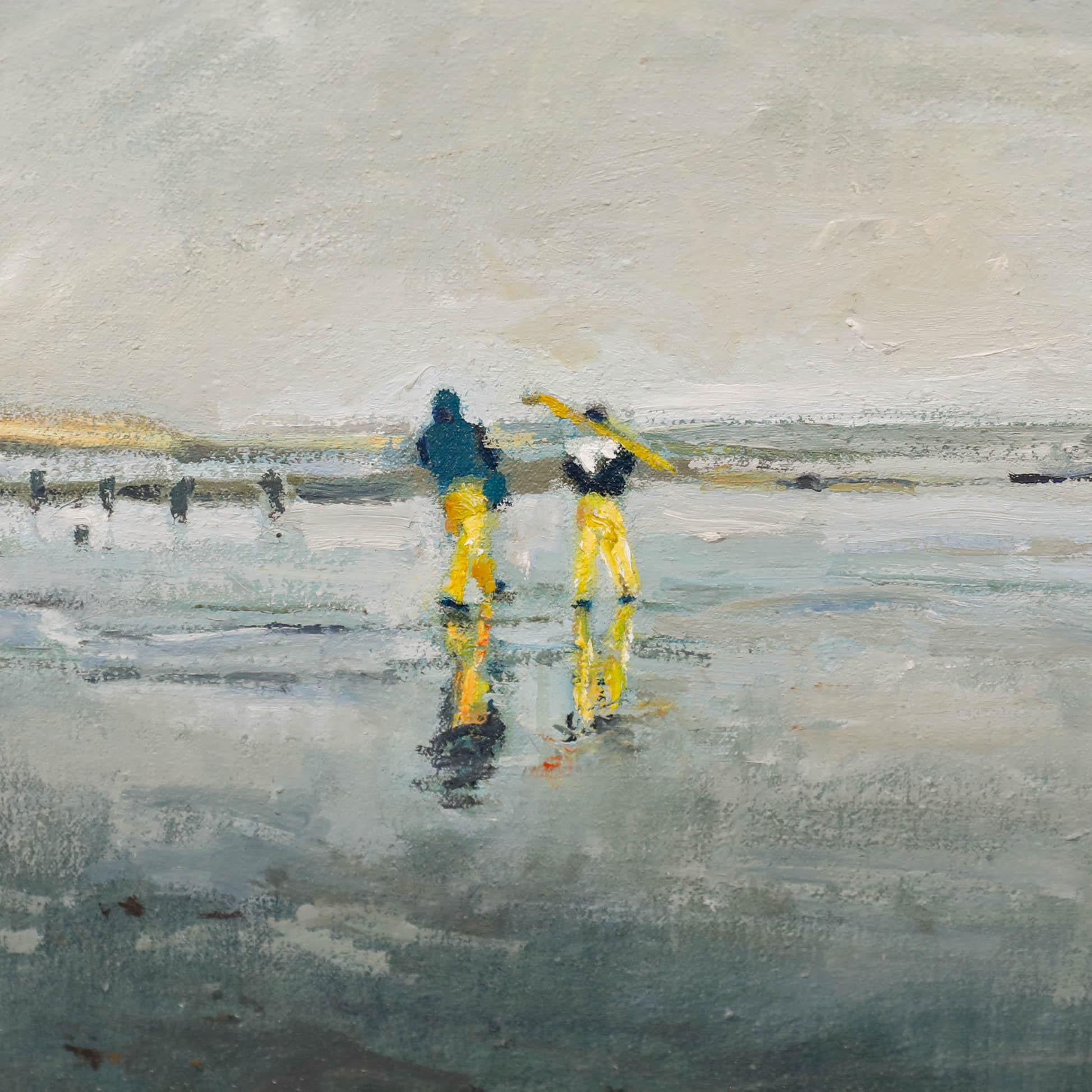 Original work in oil. Shrimpers walking out to sea. Well-presented in a lime-washed frame. Signed to the lower right. On canvas on stretchers.