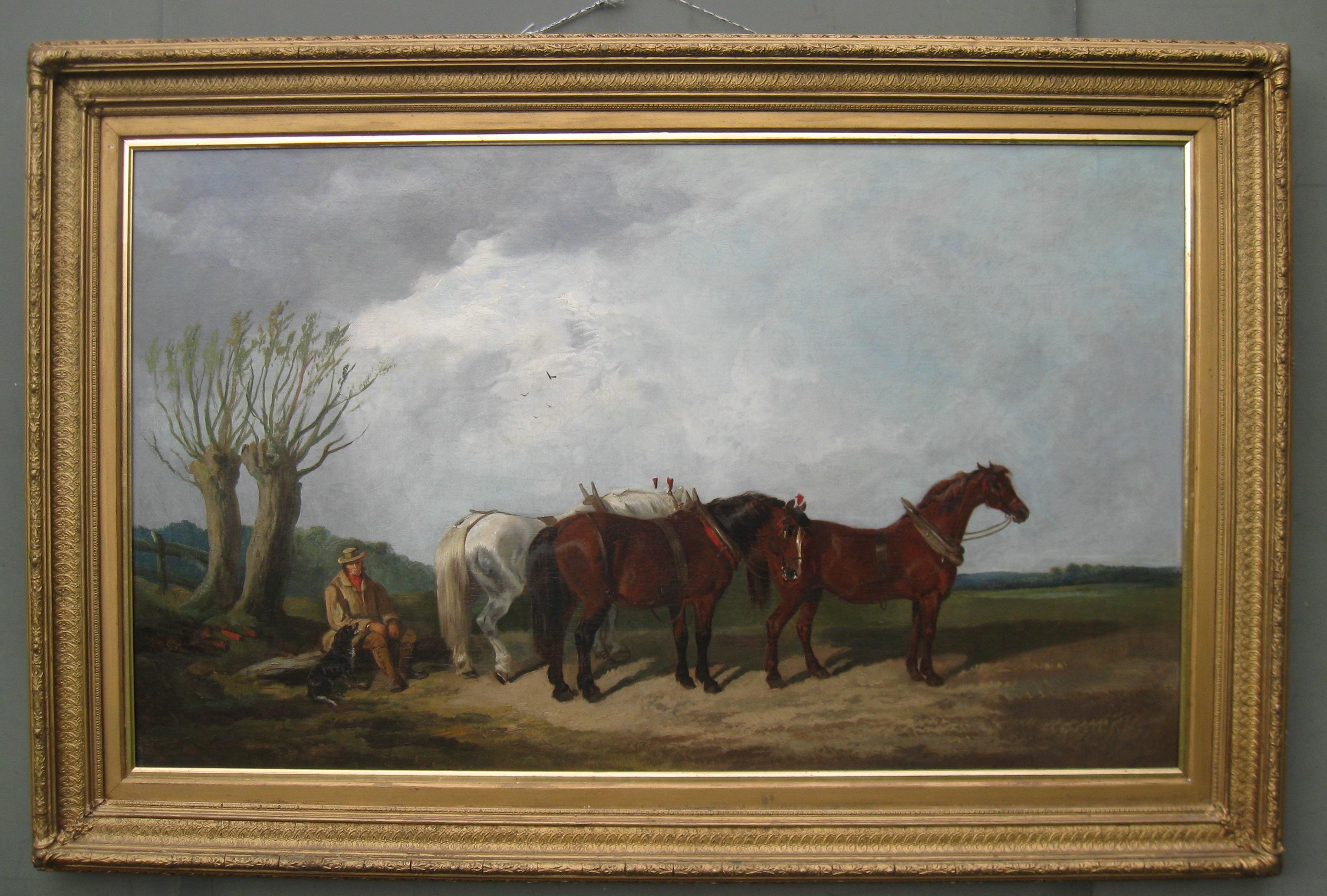 Fine Antique: 'Suffolk Horses in a Landscape, ' Very Large oil  circa 1910 - Painting by Unknown