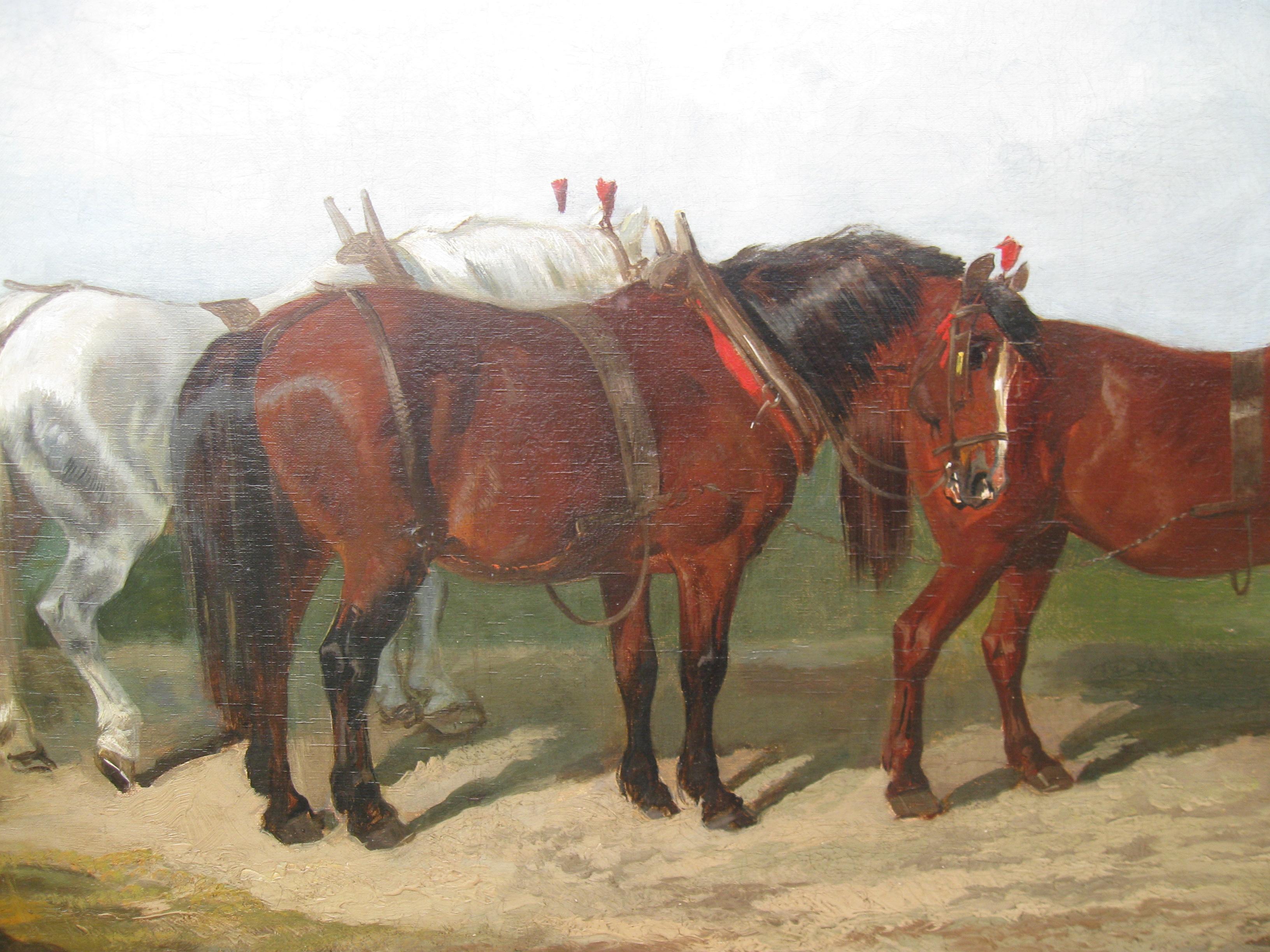 Fine Antique: 'Suffolk Horses in a Landscape, ' Very Large oil  circa 1910 - Naturalistic Painting by Unknown