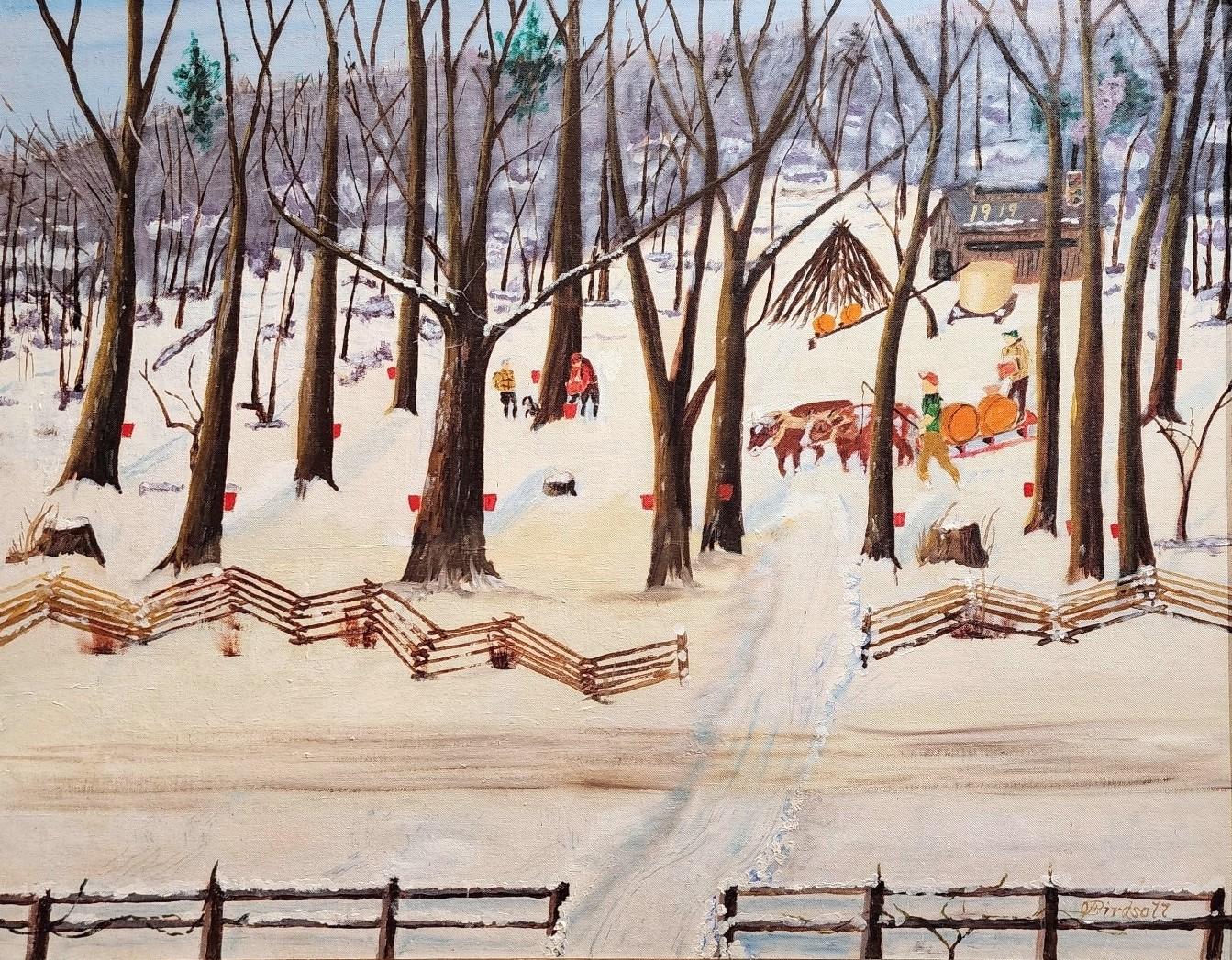 Sugar Bush, Maple Syrup, Winter Scene, American Folk Art, Naive  Art - Painting by Unknown