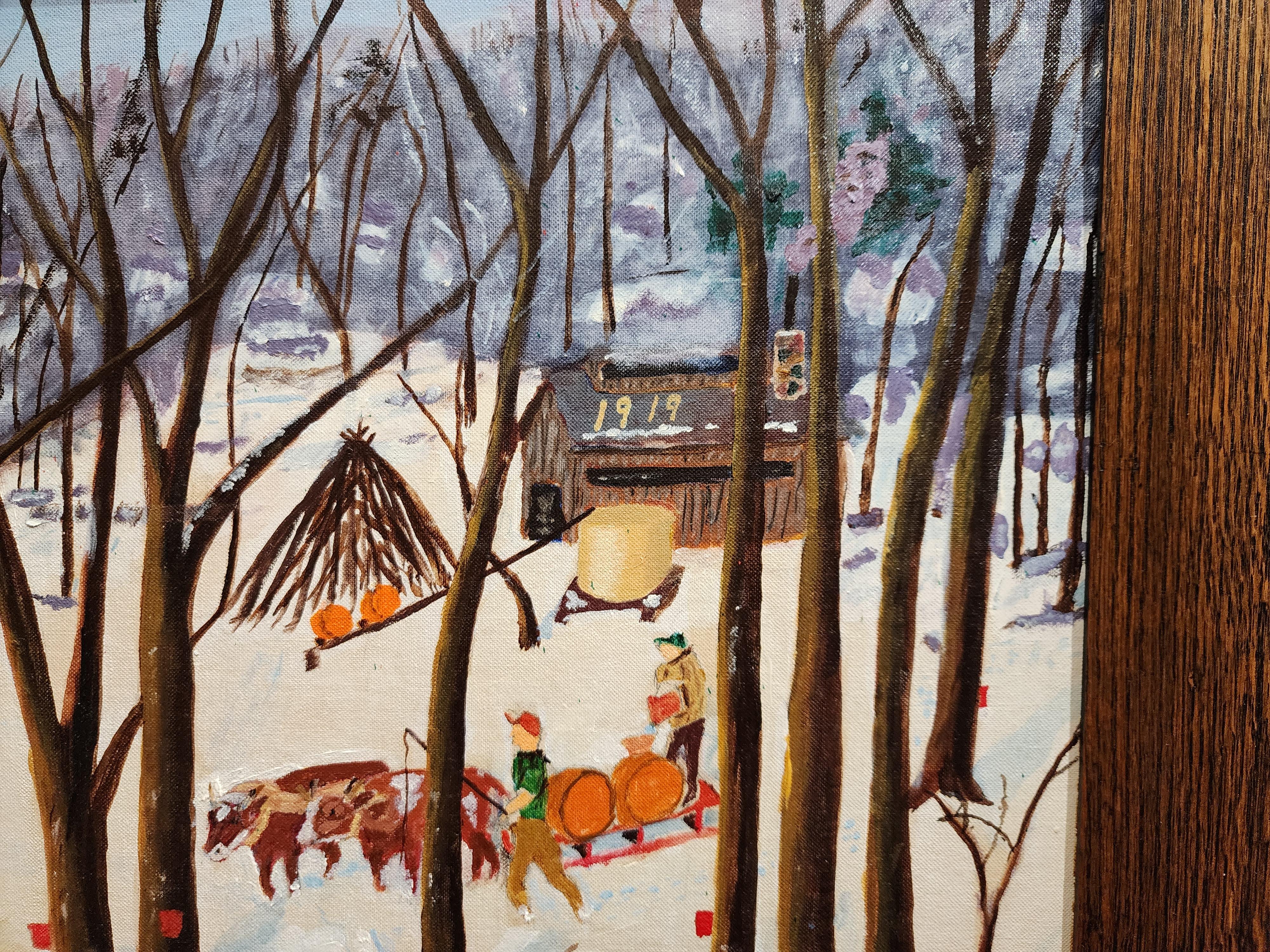 Sugar Bush, sirop d'érable, scène d'hiver, art populaire américain, naïf  Art - Beige Landscape Painting par Unknown