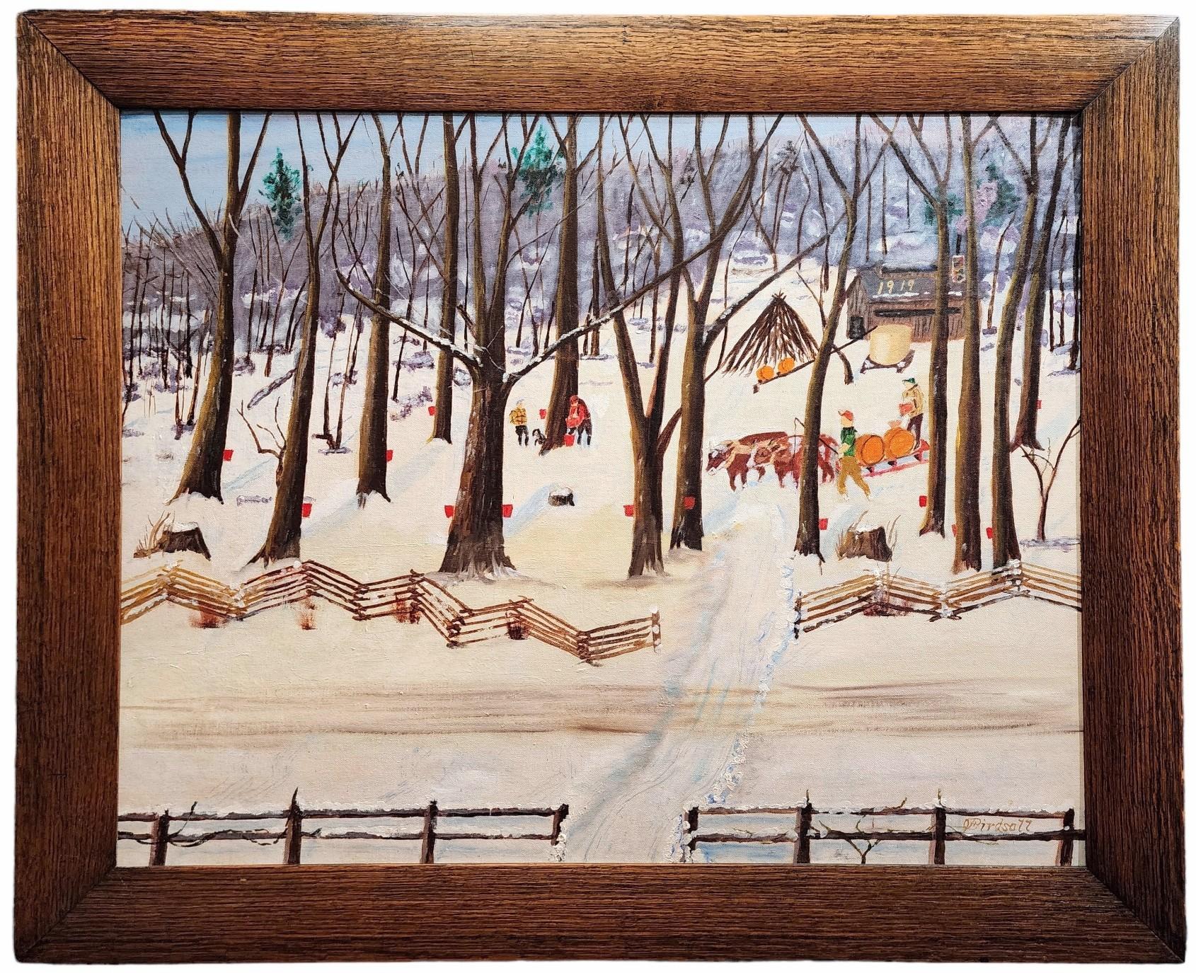 Landscape Painting Unknown - Sugar Bush, sirop d'érable, scène d'hiver, art populaire américain, naïf  Art