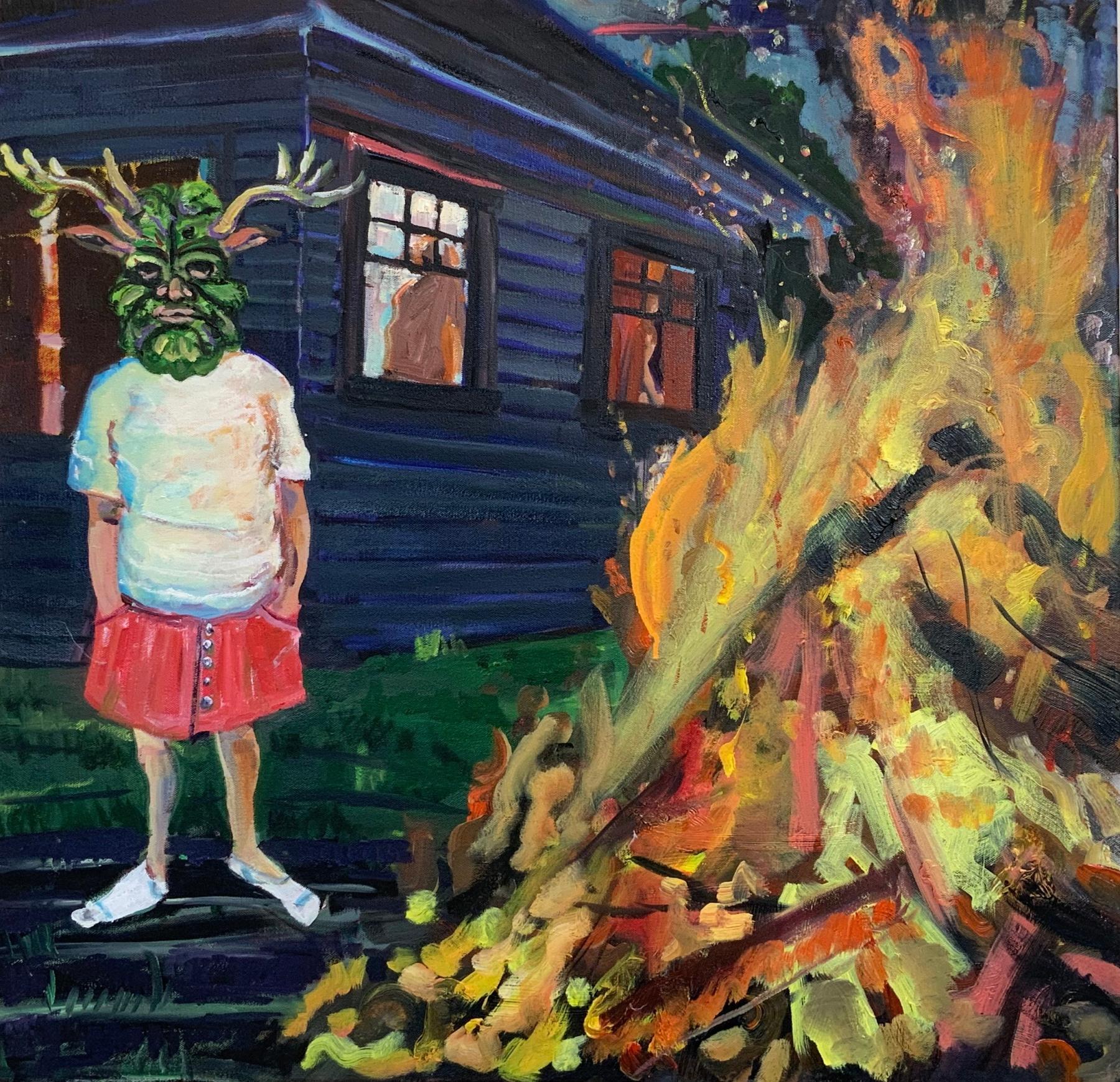 Unknown Figurative Painting – Sommer Lagerfeuer, Öl auf Leinwand Gemälde von Daniel Duford, 2021