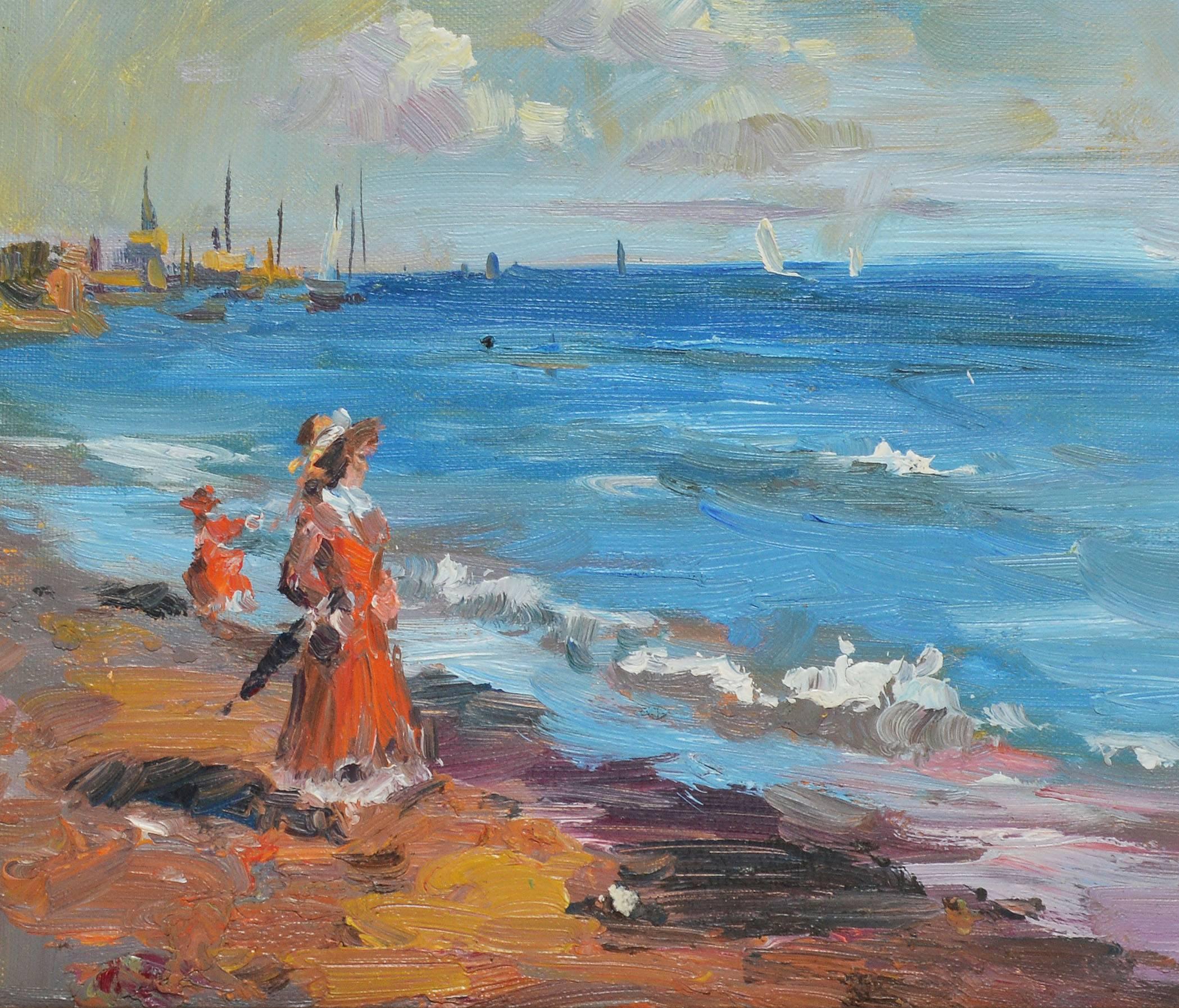 Summer Day at the Beach - Brown Landscape Painting by Unknown