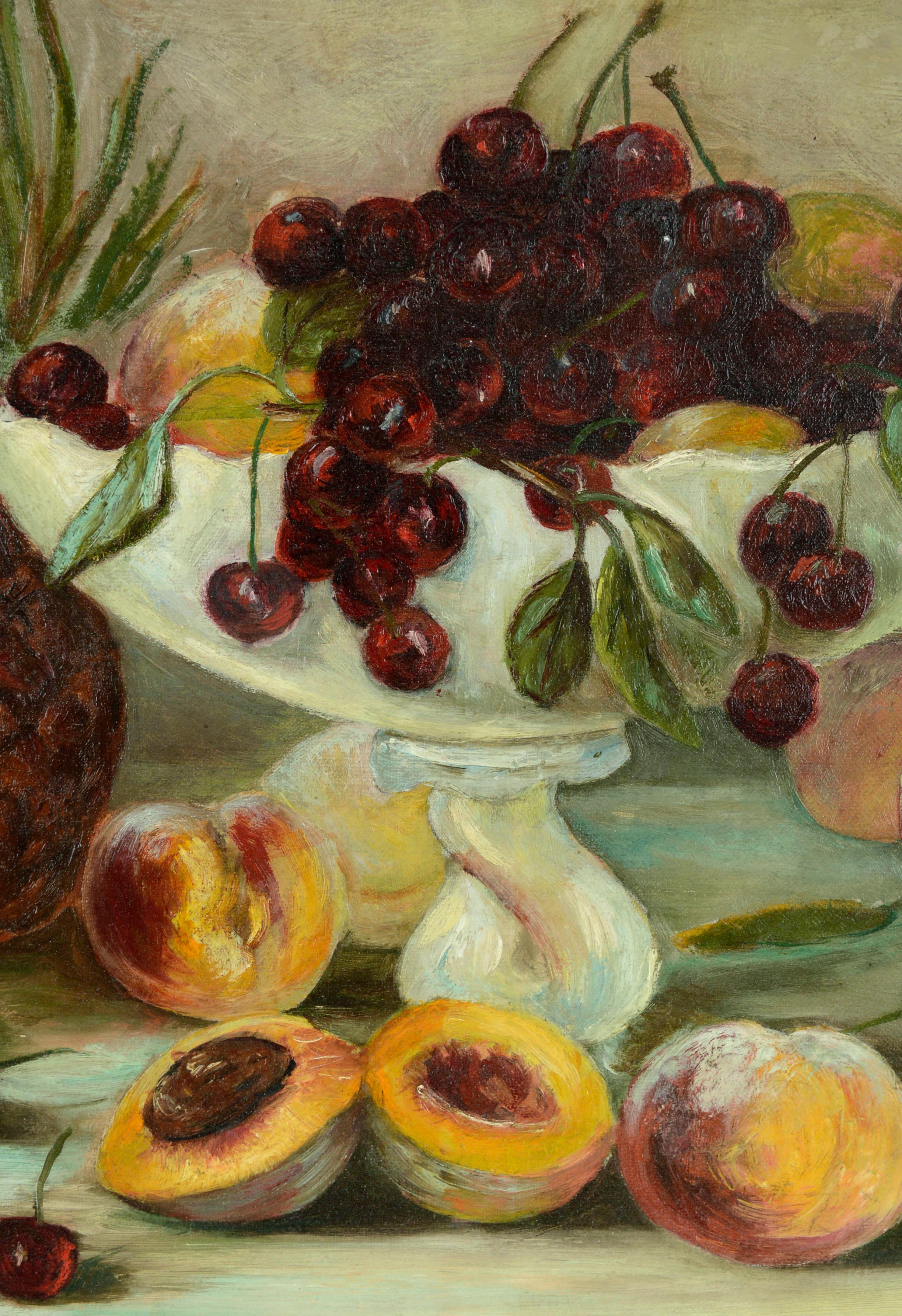 Bodegón de frutas de verano con cerezas, melocotones y piña - Después de H. Raymond - Painting de Unknown