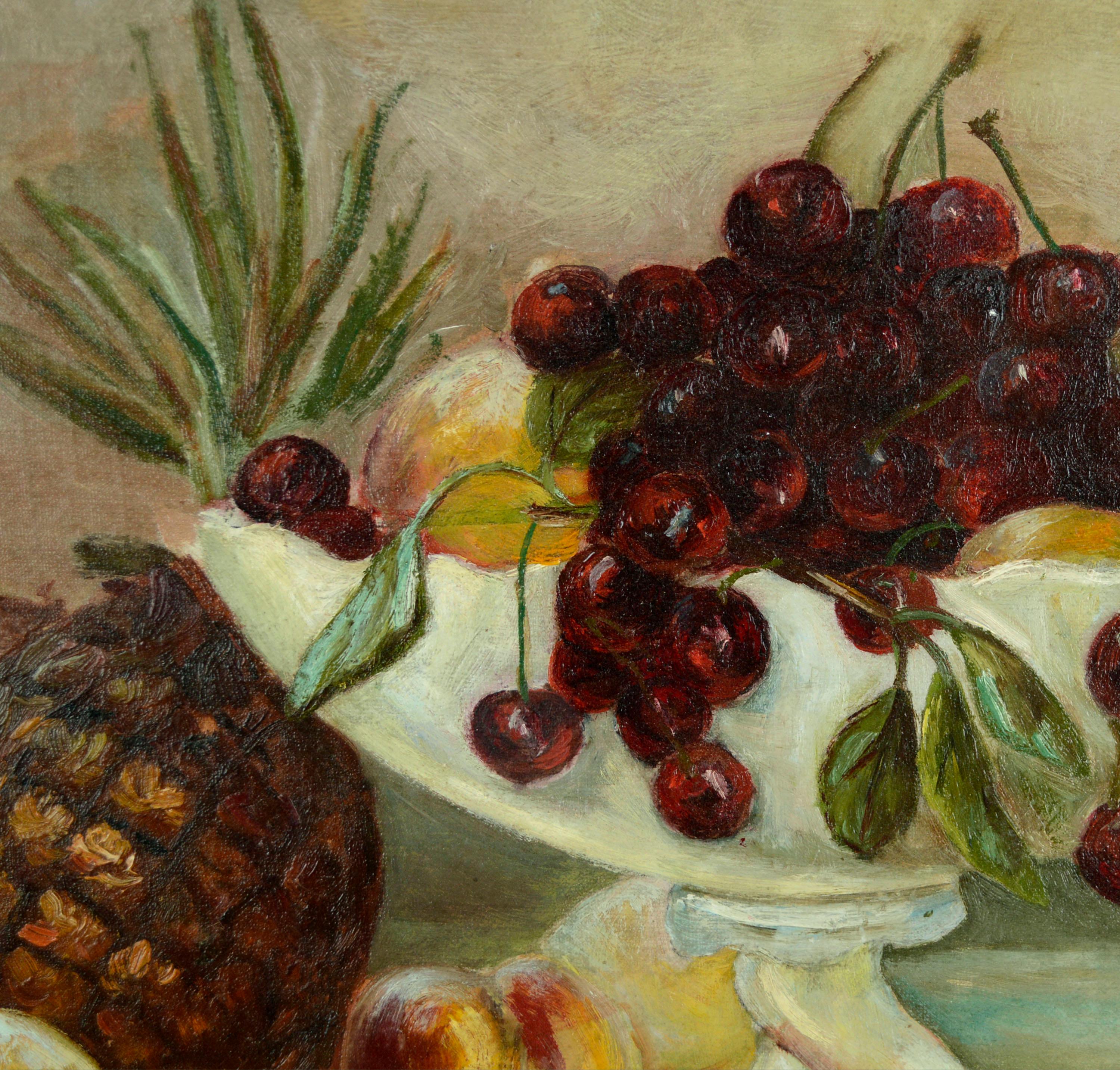 Bodegón de frutas de verano con cerezas, melocotones y piña - Después de H. Raymond - Painting Impresionista abstracto de Unknown