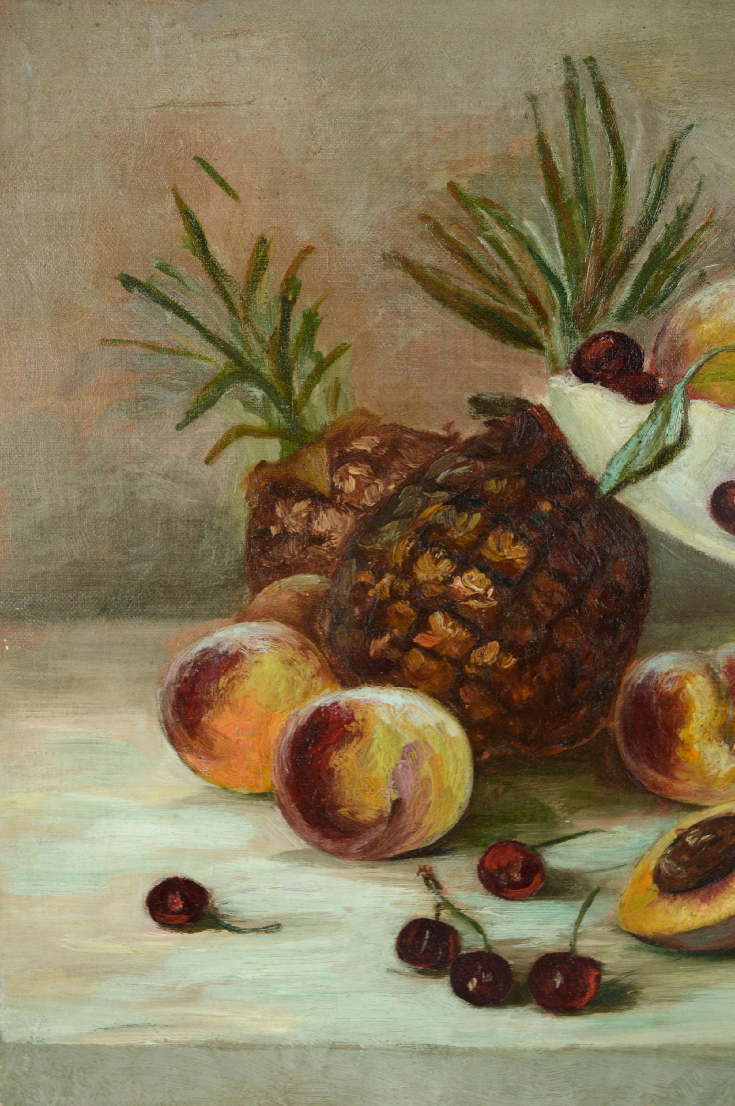 Bodegón de frutas de verano con cerezas, melocotones y piña - Después de H. Raymond - Still-Life Painting Marrón de Unknown