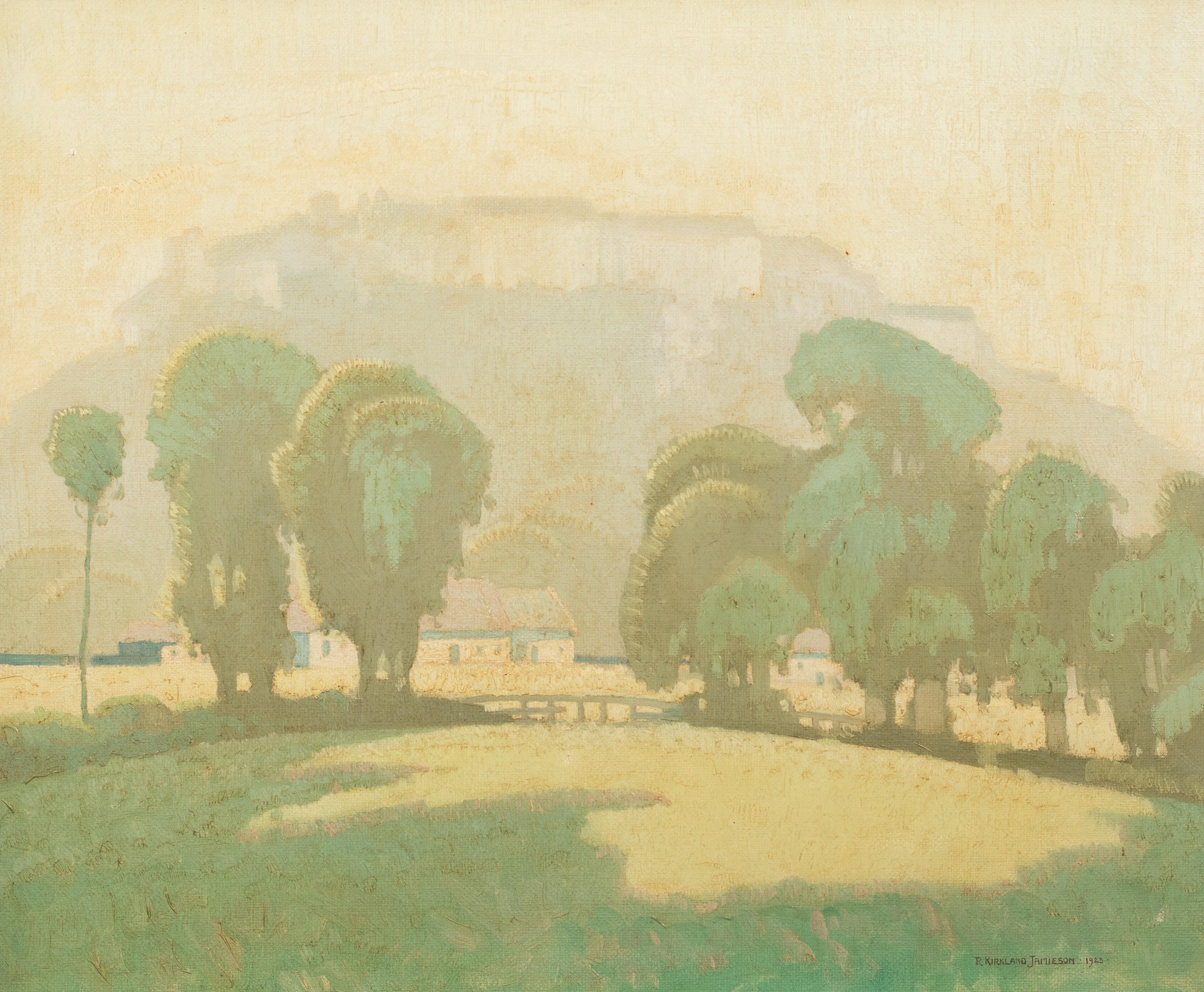 Vista matinal de verano del castillo de Edimburgo, fechada en 1923 por Robert Kirkland Jamieson - Landscape Painting Beige de Unknown