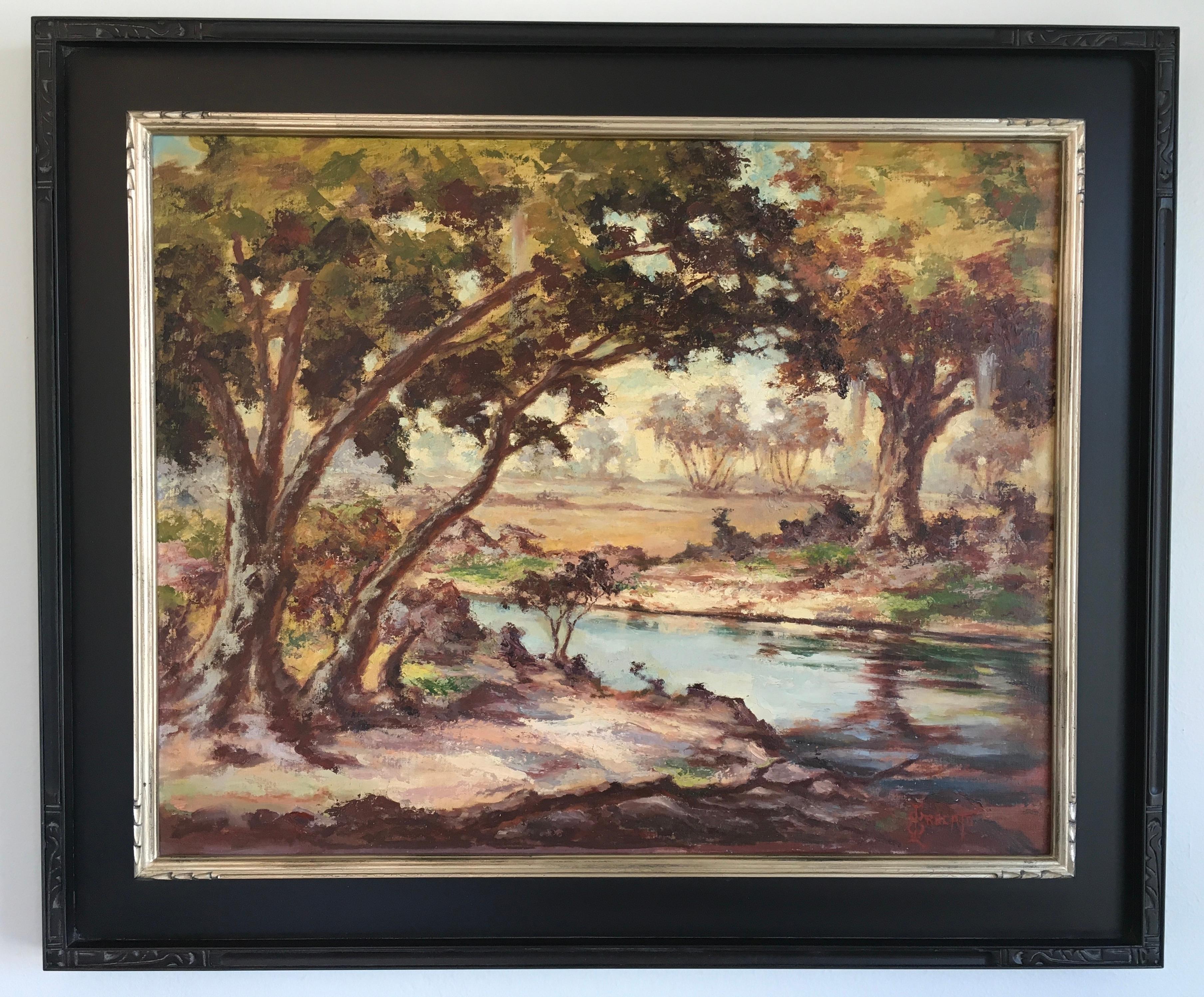 This 24" x 30" oil on board painting is of a summer landscape with trees and a meandering river in the center of the scene. The artist is unknown, however, there is a signature in the bottom right corner. The style is similar to that of