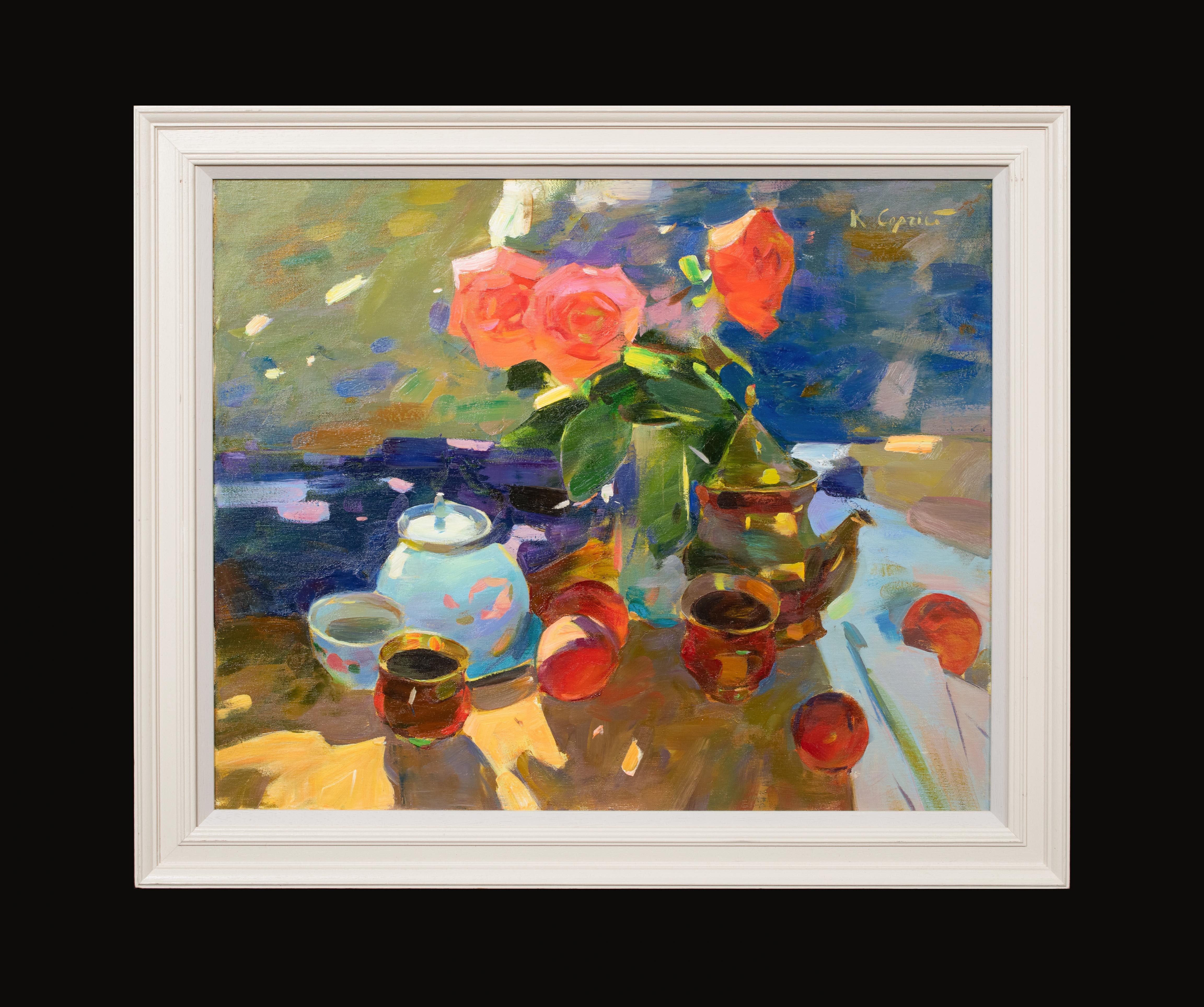 Summer Still Life Of Roses, Apples & Tea, 20th Century  European School - signed - Painting by Unknown