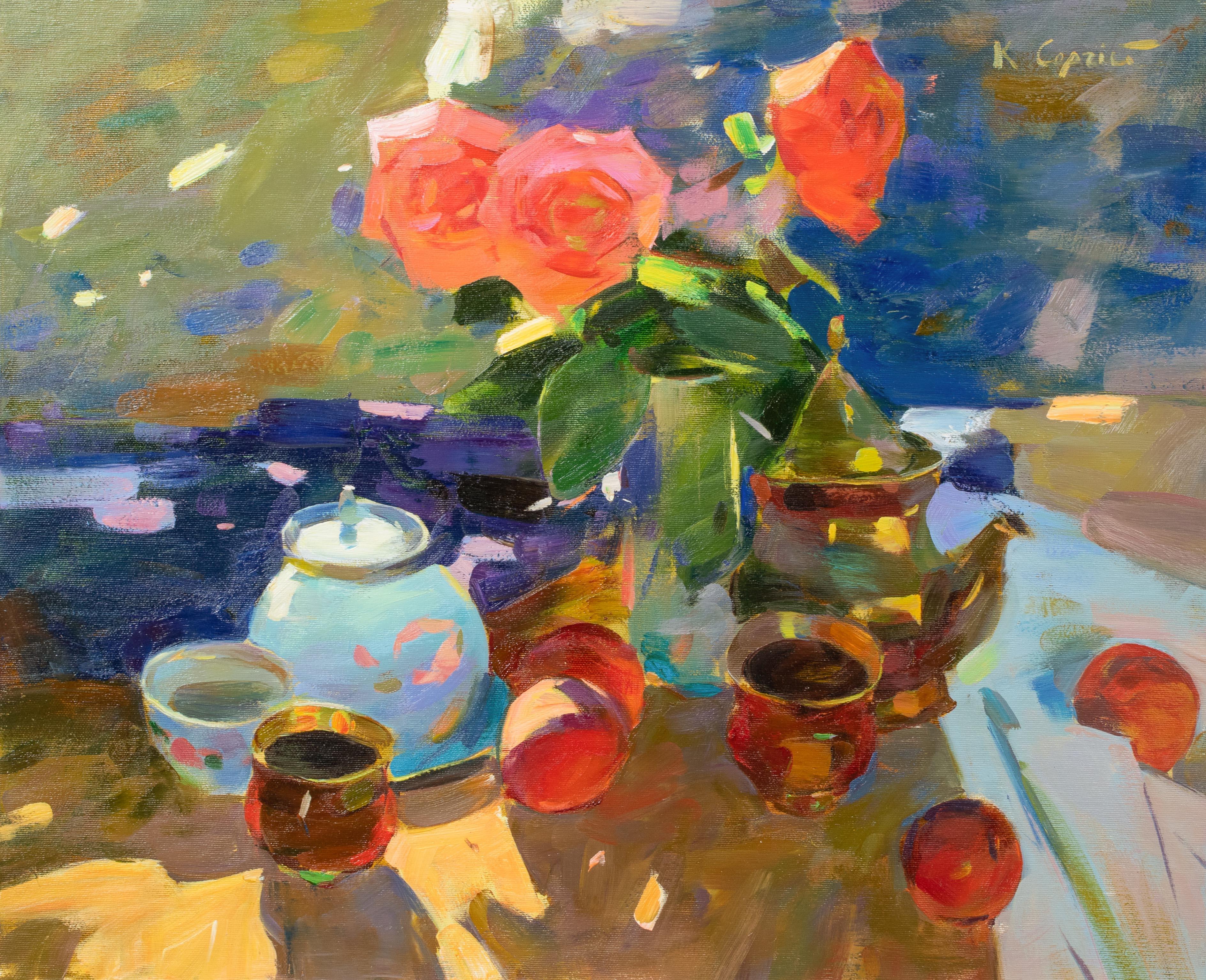 Summer Still Life Of Roses, Apples & Tea, 20th Century  European School - signed - Beige Still-Life Painting by Unknown