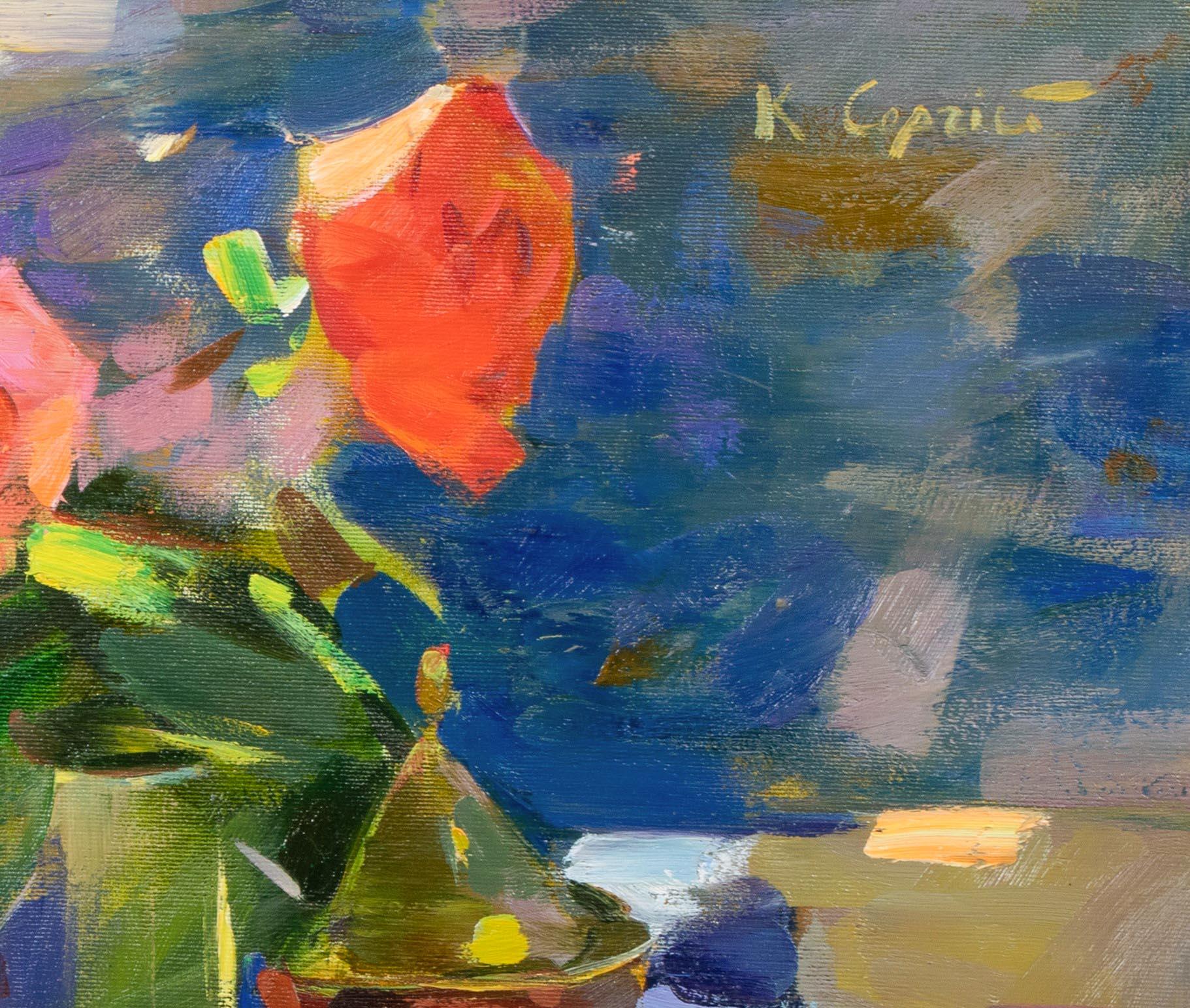 Summer Still Life Of Roses, Apples & Tea, 20th Century  European School - signed For Sale 1