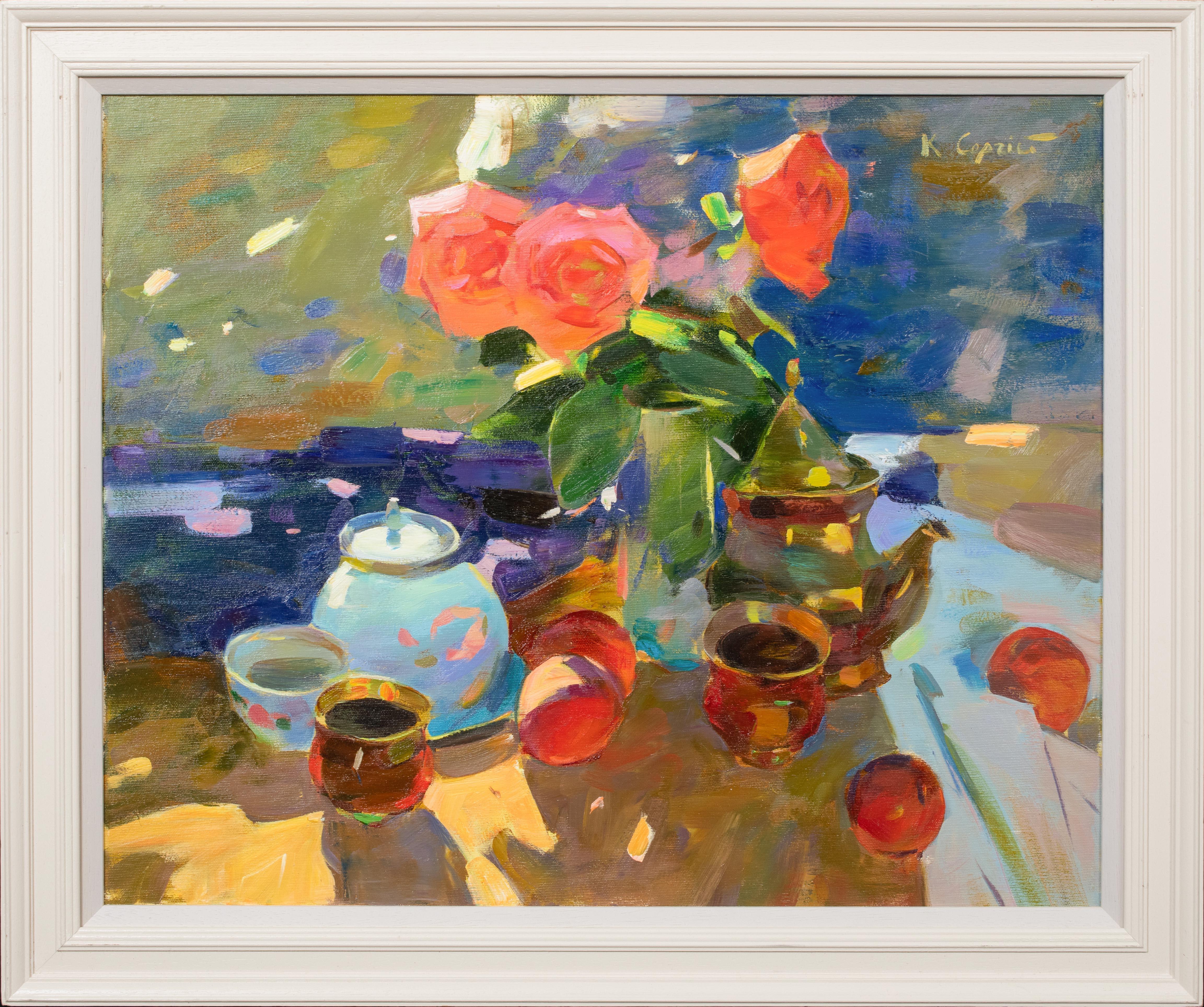 Unknown Still-Life Painting - Summer Still Life Of Roses, Apples & Tea, 20th Century  European School - signed