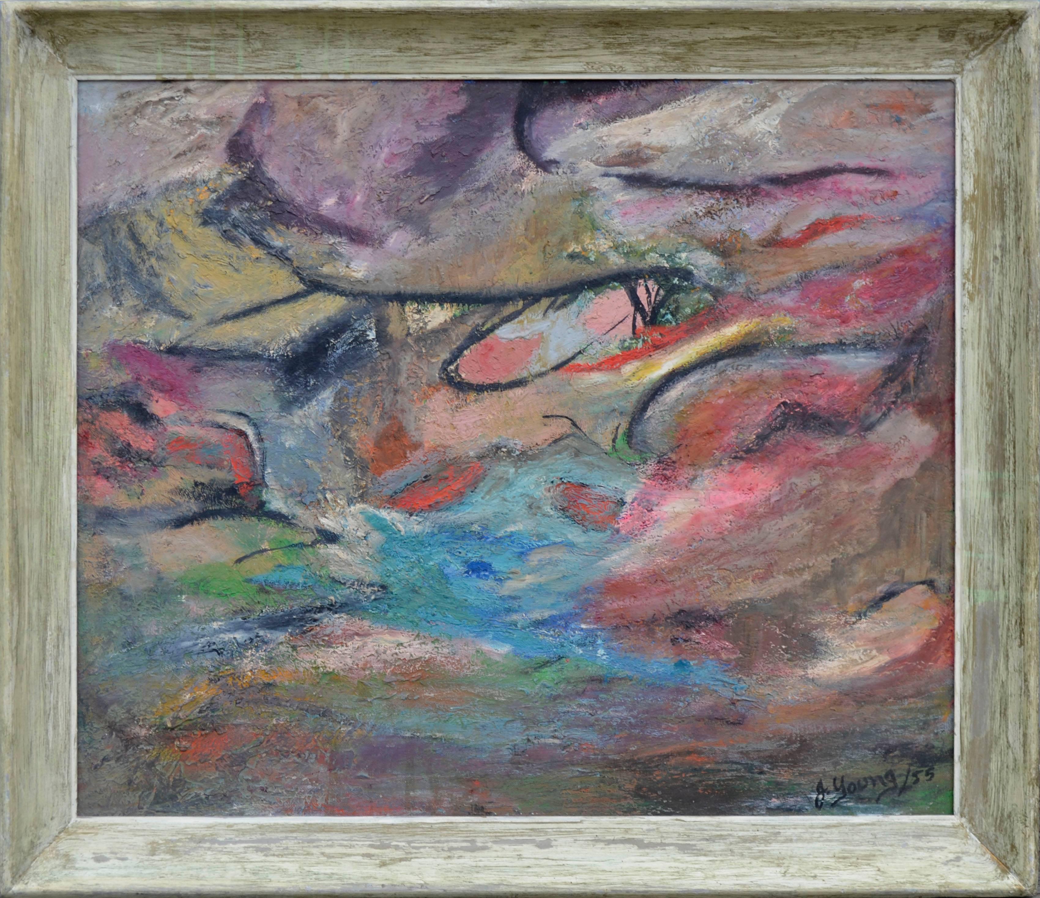 J Young Abstract Painting - Mid Century Modern Northern California Summer Storm Abstract 
