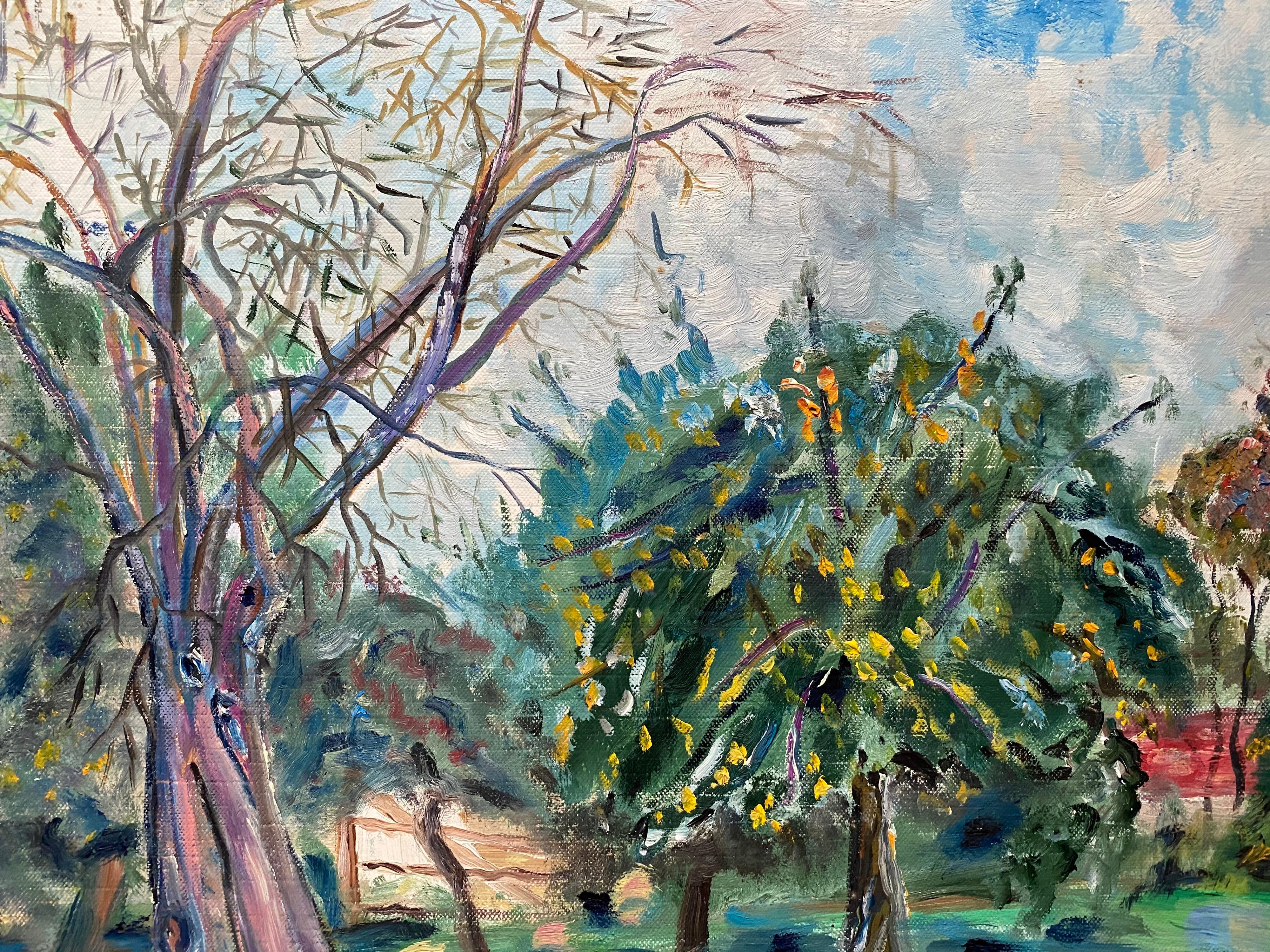 Paisaje arbolado de verano - Pintura al óleo original francesa - Still-Life Painting Gris de Unknown