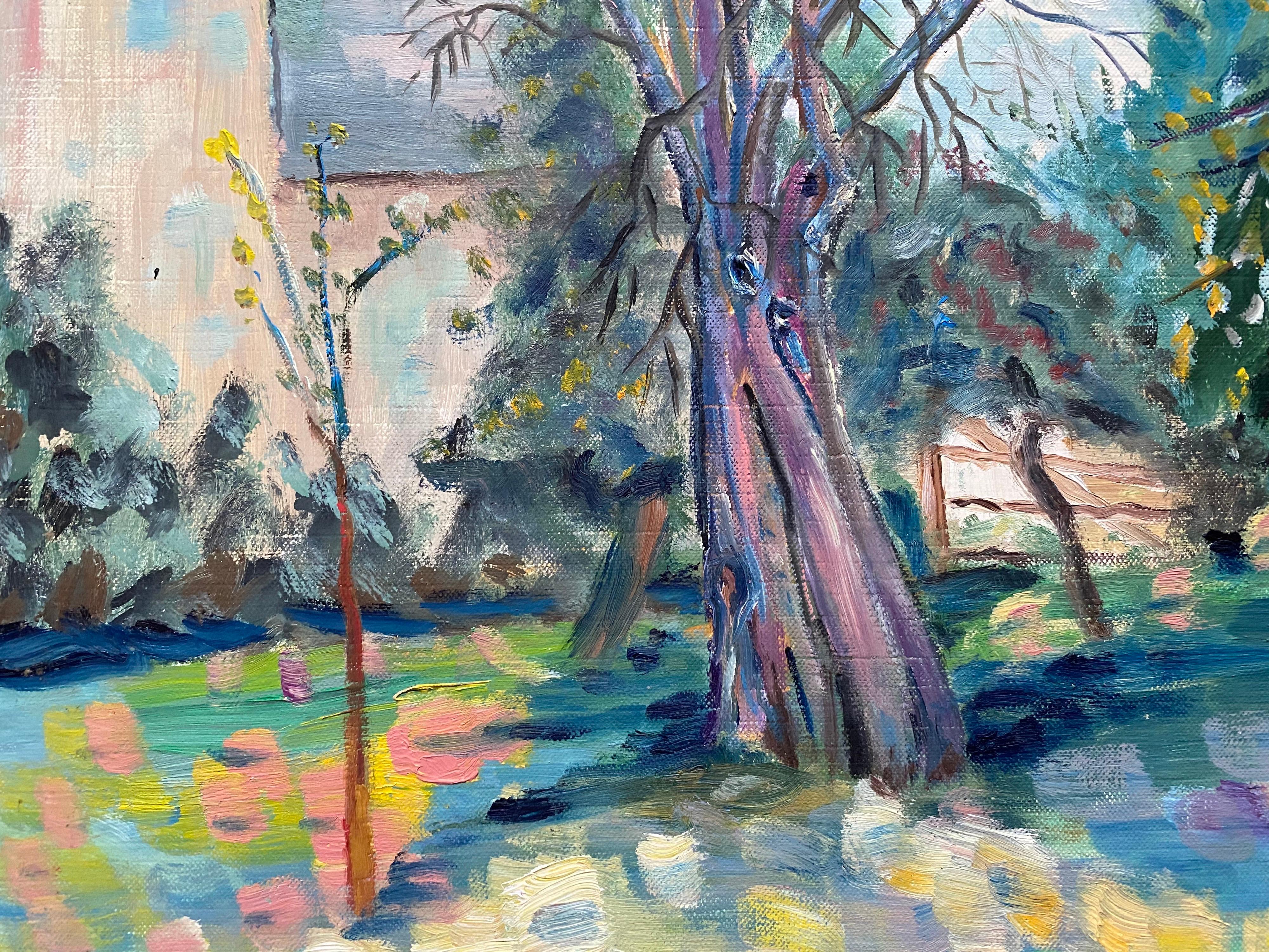 Paisaje arbolado de verano - Pintura al óleo original francesa en venta 1