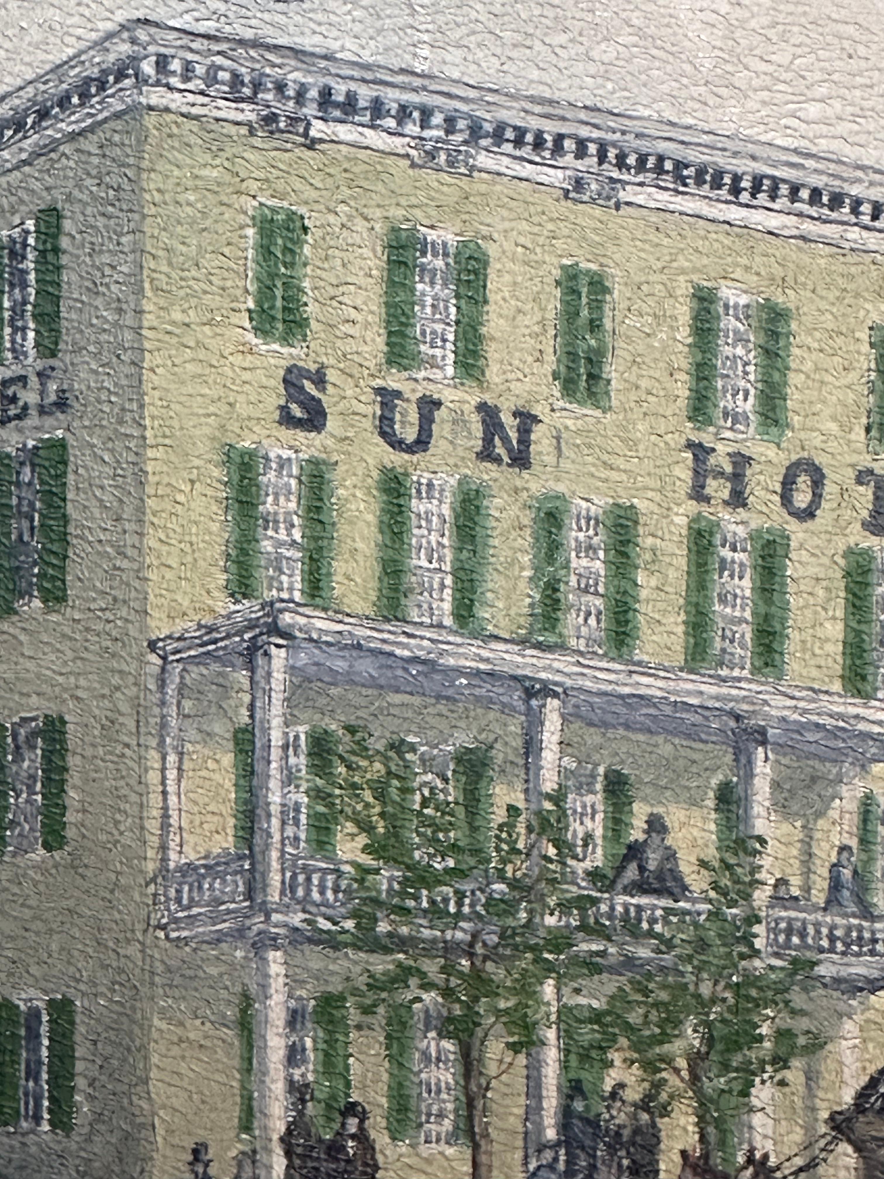 Painting depicting Sun Inn or Sun Hotel, ca. 1880.  Oil on academy board measures 8 x 10 inches. Signed lower right. Excellent condition. Unframed. 

The painting notes that the building was erected in 1780. The painting itself dates ca. 1880. 