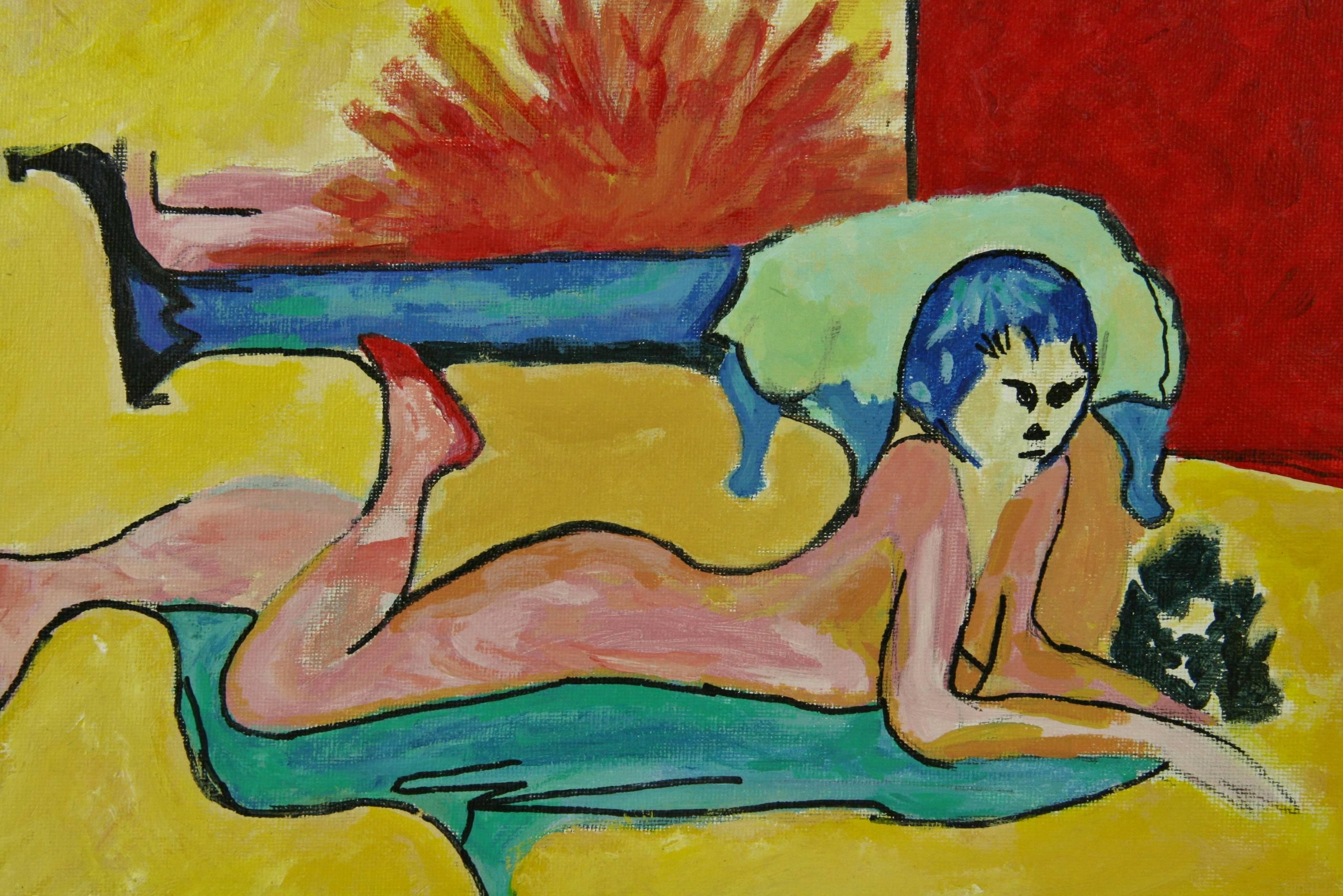 5-2938 Figurative painting of a resting girl.
Acrylic on artist board in a wood frame
Image size 10.5 H x 12