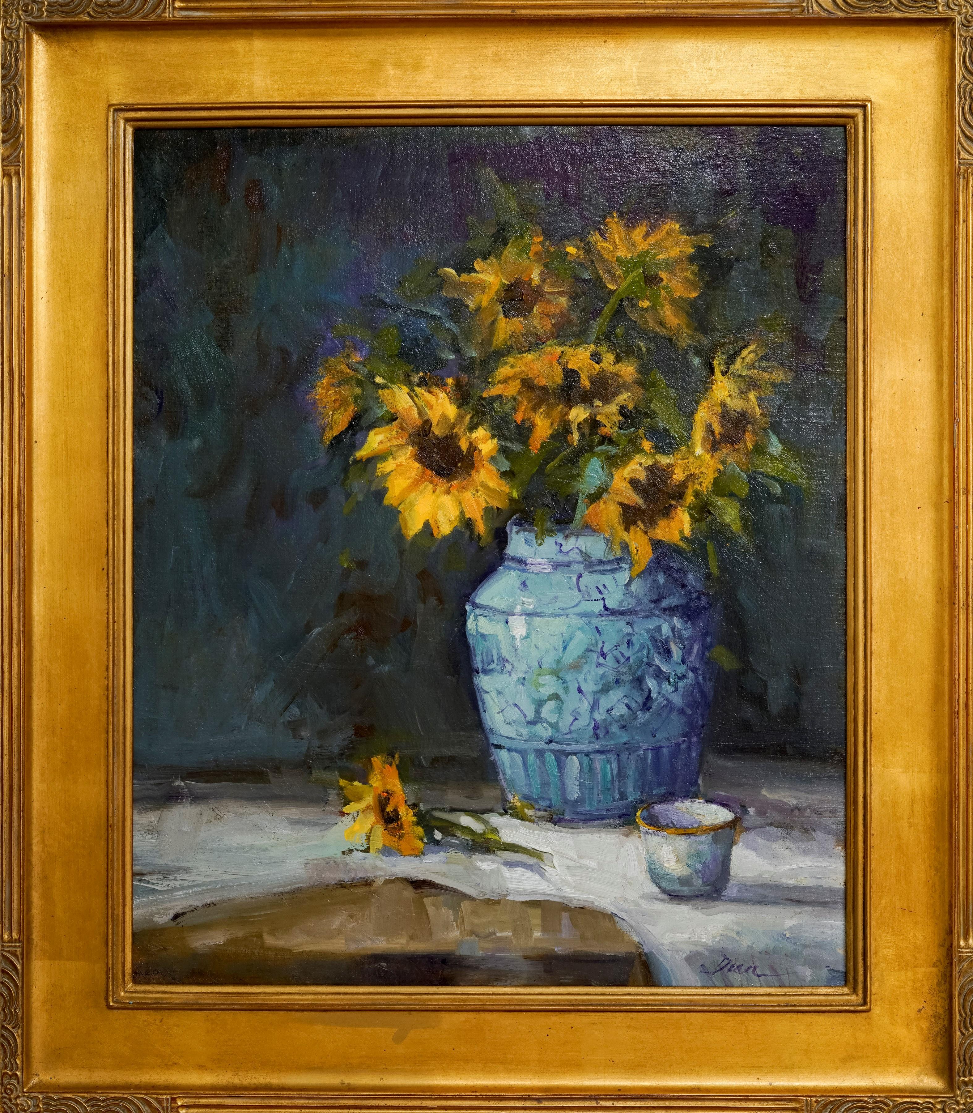 Unknown Still-Life Painting - Sunflower Day, Plein Air Original Fine Art Gold Frame Oil on Linen Canvas