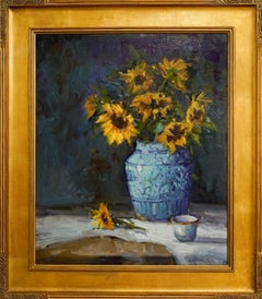 Sunflower Day, Plein Air Original Fine Art Gold Frame Oil on Linen Canvas