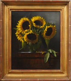 "Sonnenblumen in Glasvase" Signiertes Stillleben Ölgemälde von J. M. Dilekis