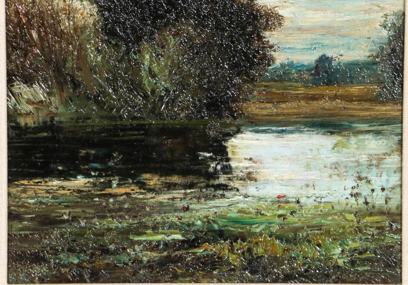 American School. The Pond: Sunlight and Clearing Clouds. Late nineteenth century. 13 7/8 x 11 1/8 x 1 1/4.
Unsigned. Frost & Adams stamp to the verso. The painting has been cleaned and relined; minor discolorations; craquelure. Housed in a linen
