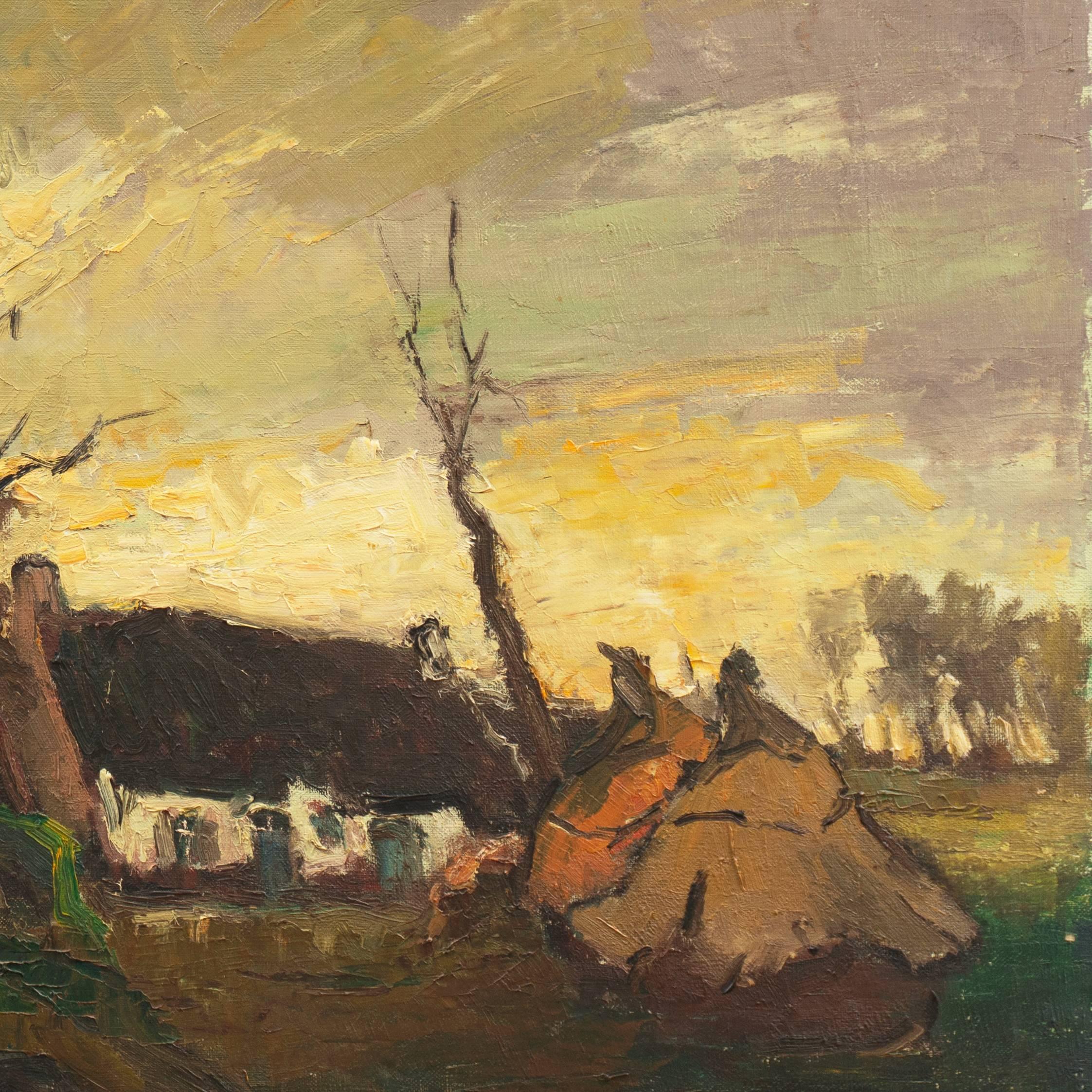 A substantial and panoramic landscape showing a view of  a rutted lane winding among cottages and winter trees with haystacks in the foreground, all beneath a vibrant sunset in a clouded sky.

Signed indistinctly lower right and painted circa 1935.