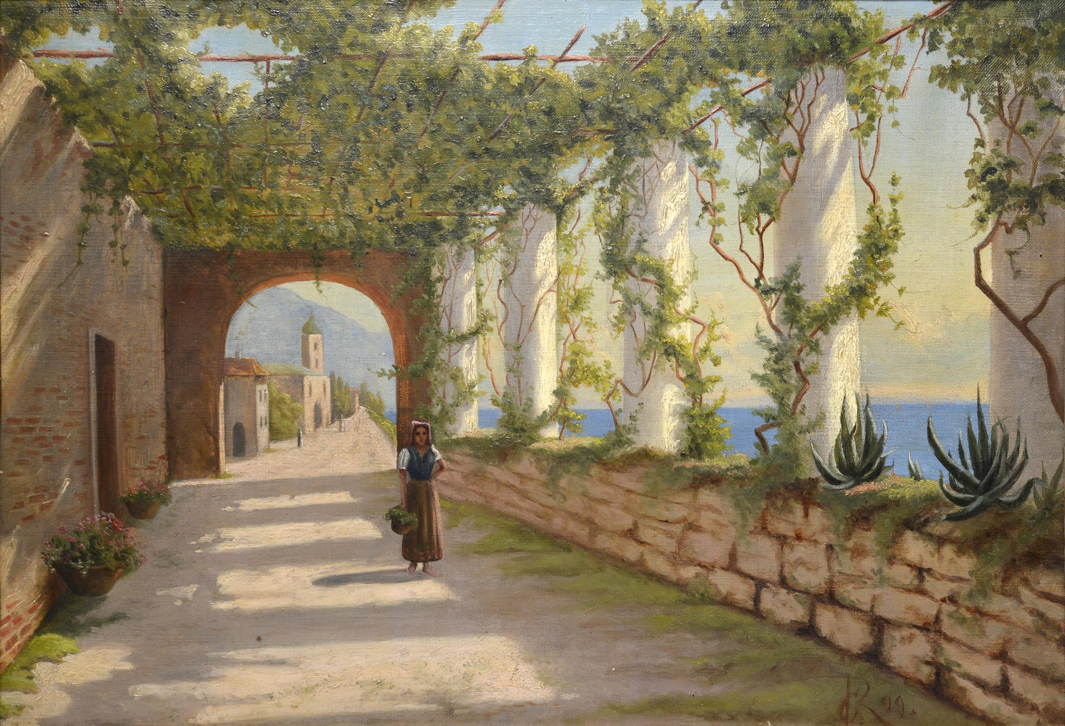 Sunny Italian Amalfi Terrace View 1899 Oil Painting on Canvas Framed Signed  - Brown Landscape Painting by Unknown