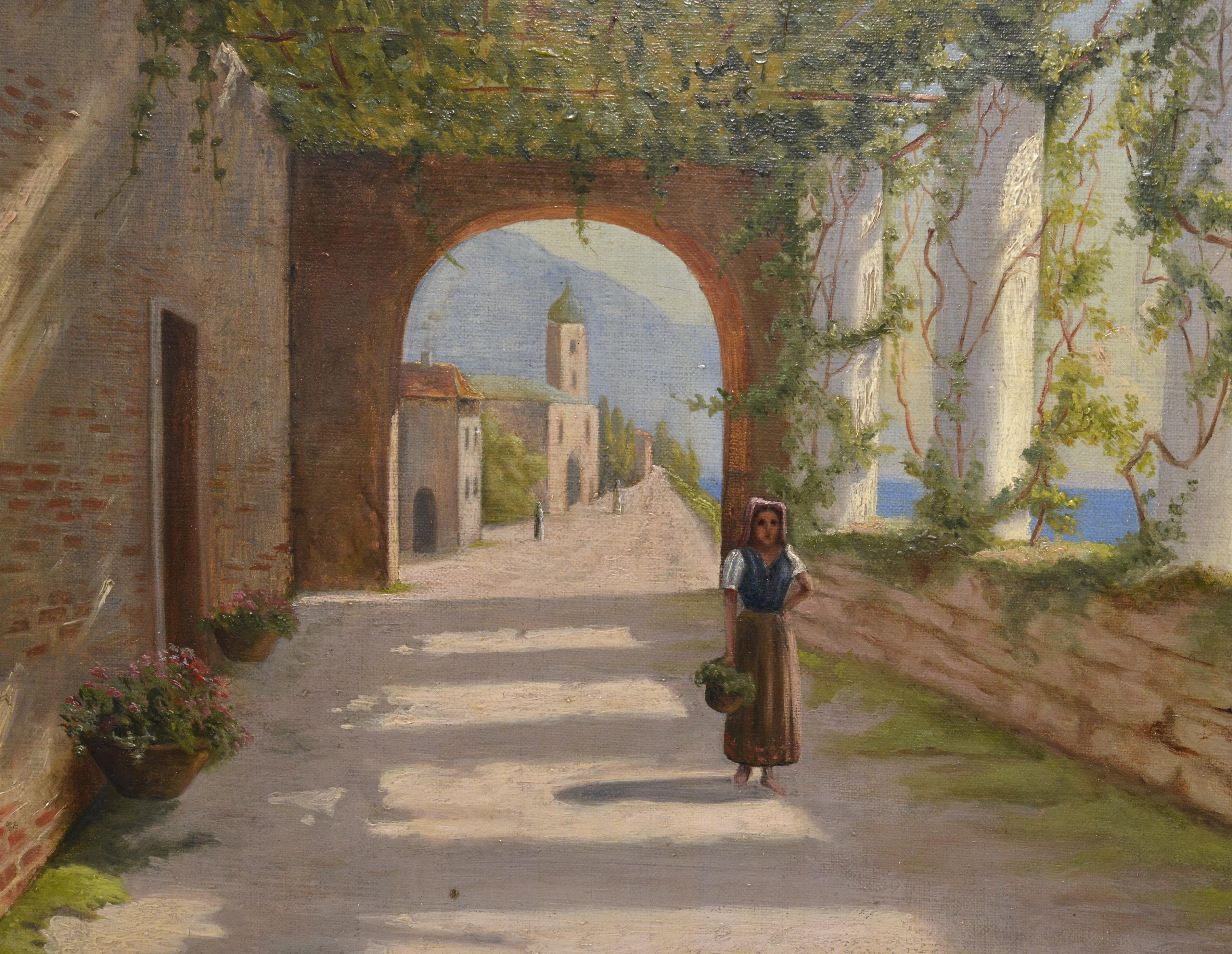Peinture à l'huile sur toile encadrée, vue d'une terrasse d'A Amalfi, Italie, 1899, signée  - Réalisme Painting par Unknown